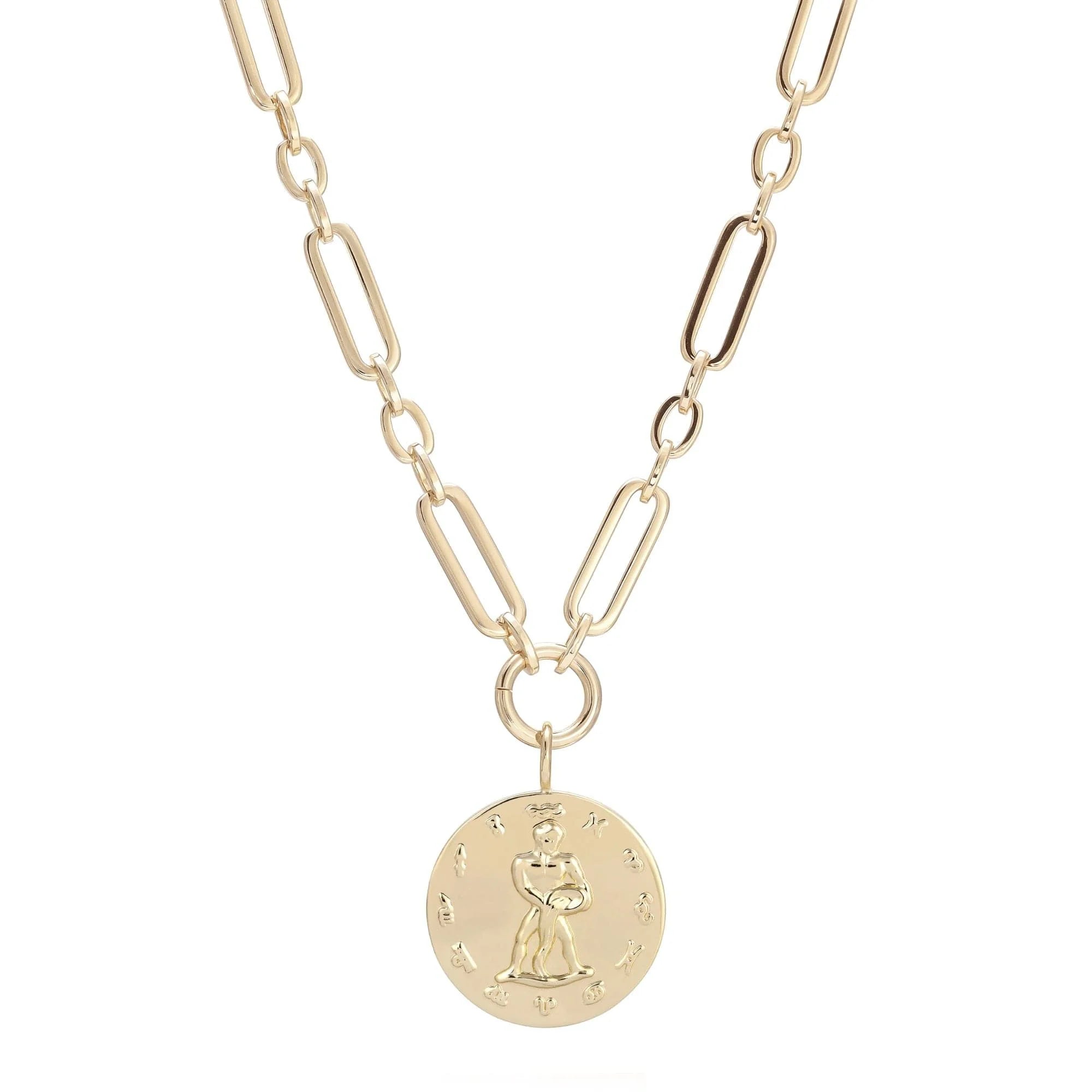 Gold-toned zodiac pendant necklace with a large multi link chain drop pendant necklace