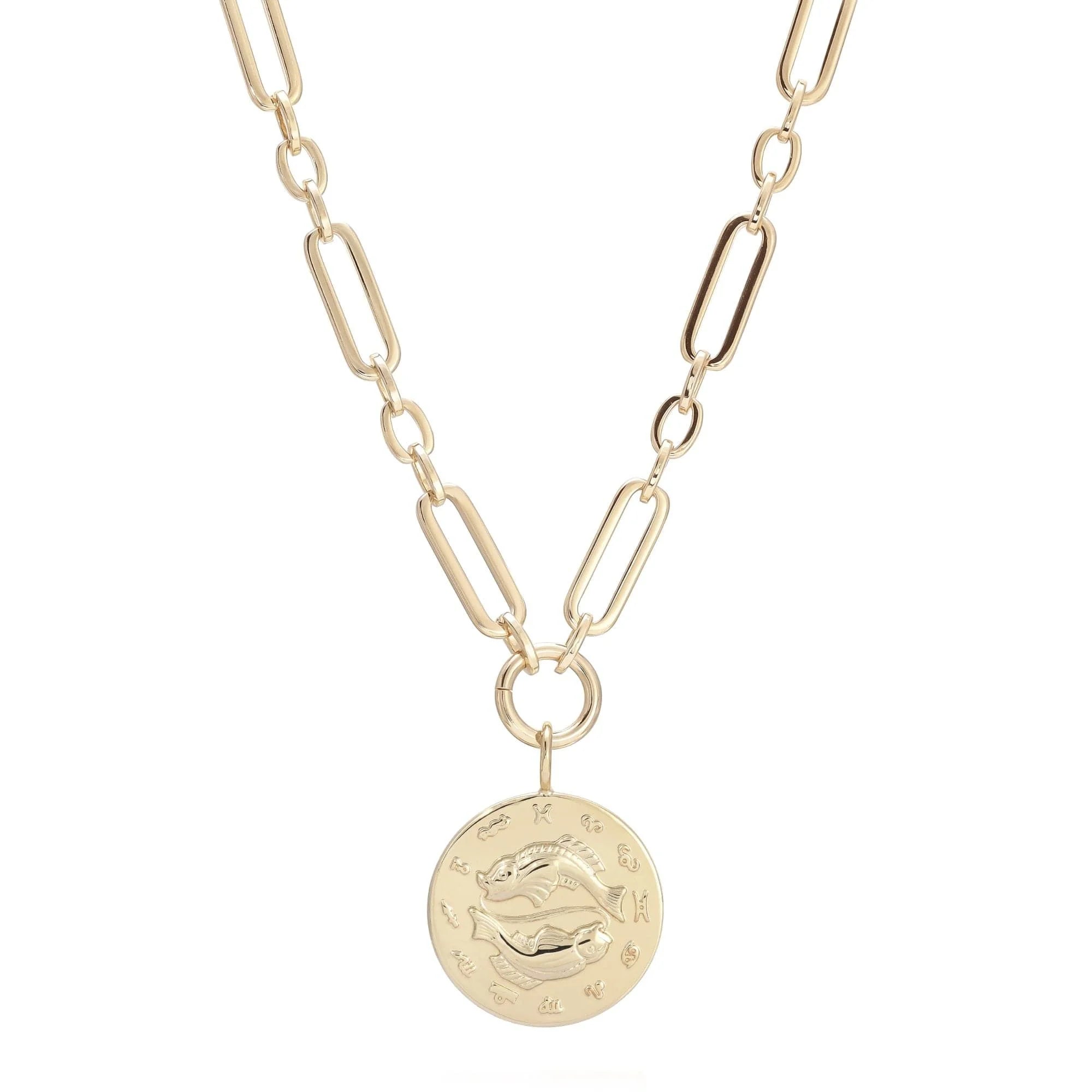 Gold-toned zodiac pendant necklace with large multi link chain and drop pendant design