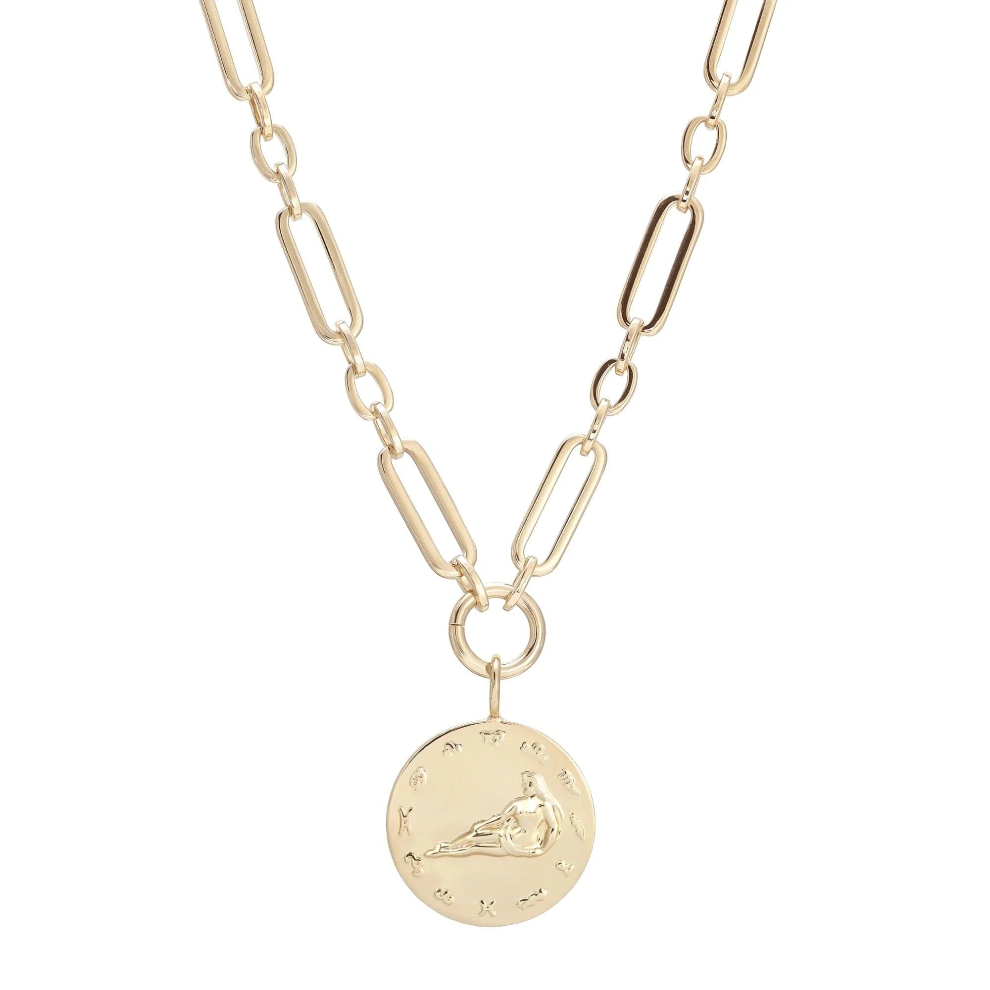 Gold-toned Zodiac Pendant Necklace with Large Multi Link Chain and Coin Drop Pendant