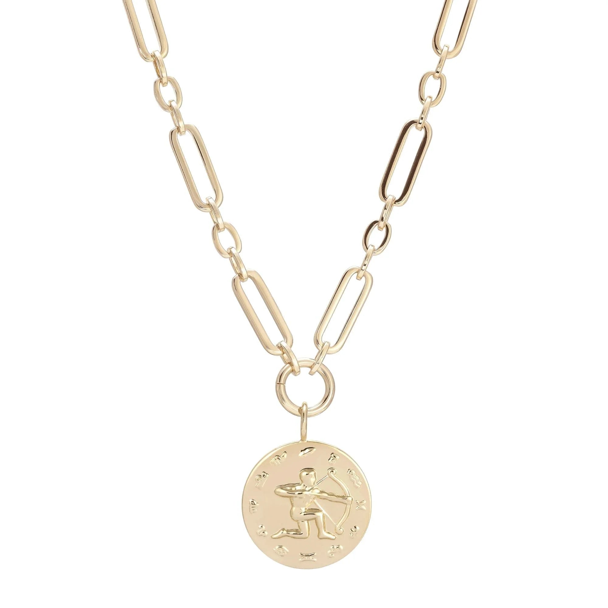 Gold-toned Sagittarius zodiac pendant necklace with drop pendant and large multi-link chain