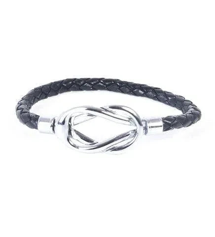 Braided black leather bracelet with silver knot featured in Katherine Schwarzenegger article