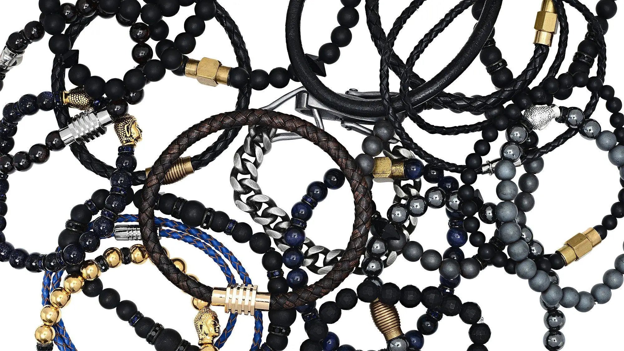 Beaded and braided bracelets in a stylish collection of men’s jewelry.