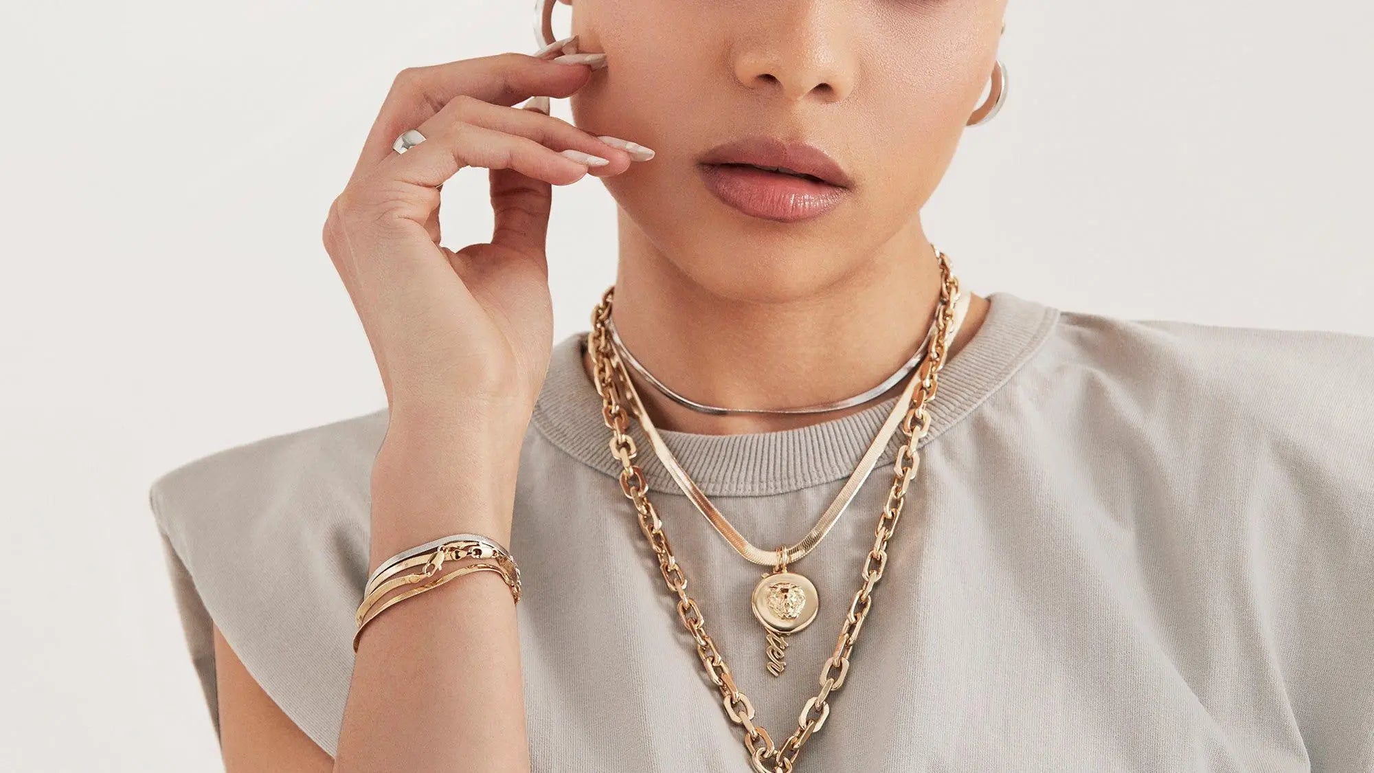 Gold layered necklaces in 14k gold from the New Arrivals collection.