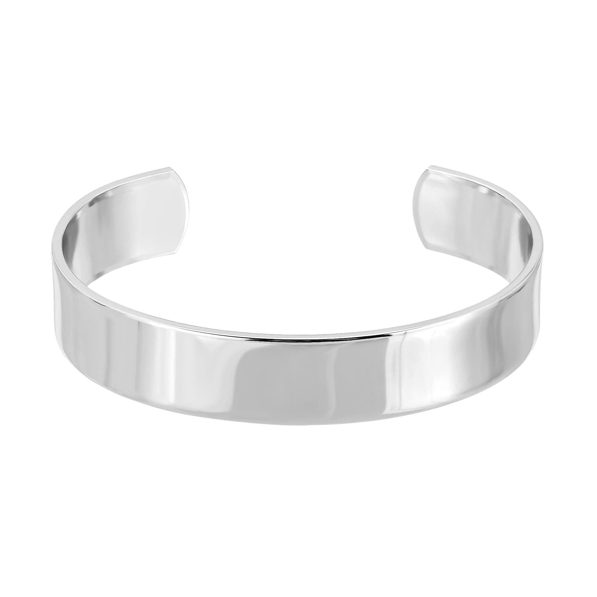 Polished silver cuff bracelet made from recycled brass, 1/2 inch rhodium plated design