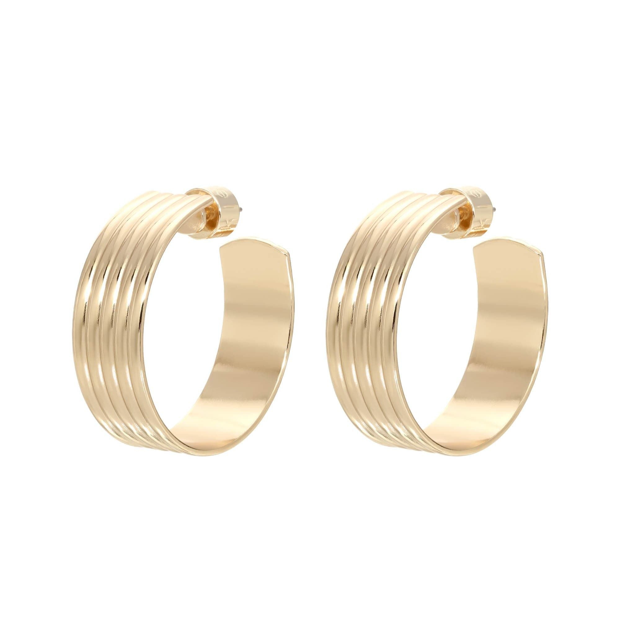 Gold wide flat Logan Hoops with clear protective coating, 1.25 inches in size