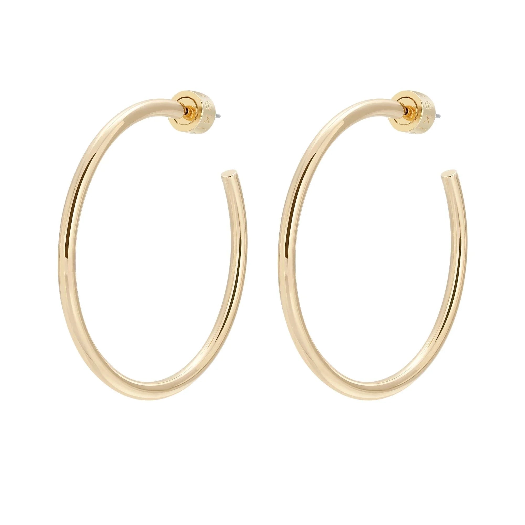 Pair of 1.5-inch yellow gold rhodium hoop earrings made from recycled brass wire