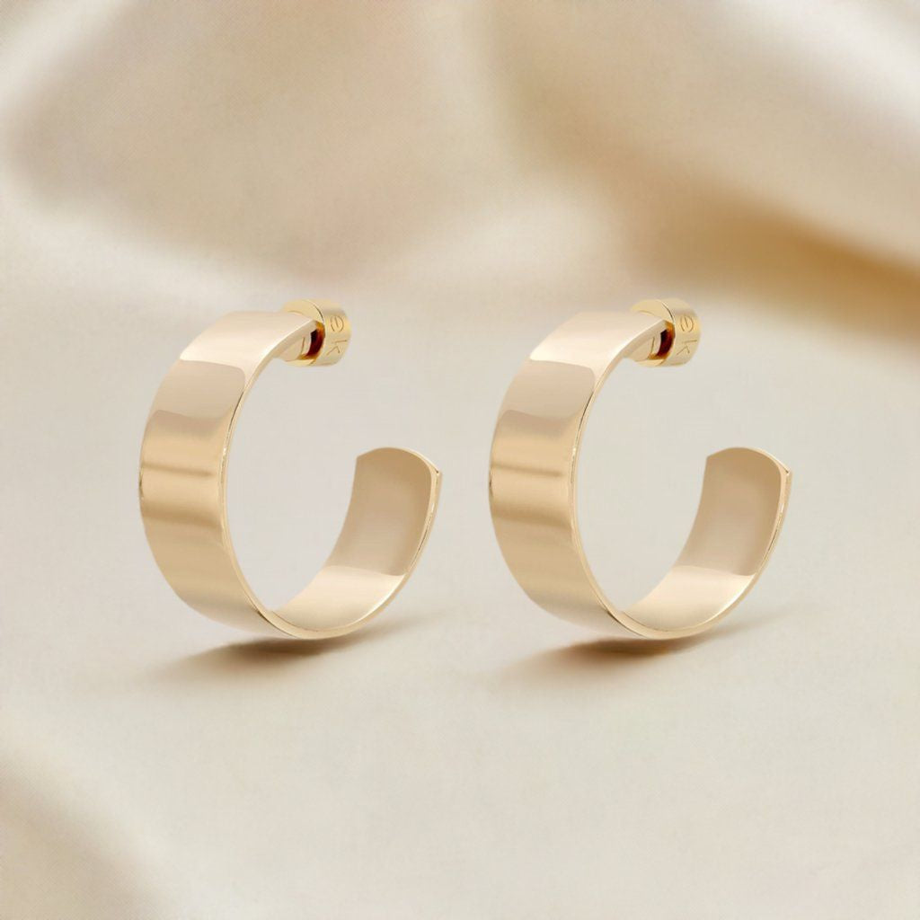 Pair of 1 inch Skylar Hoops in wide flat brass with 14k gold rhodium finish