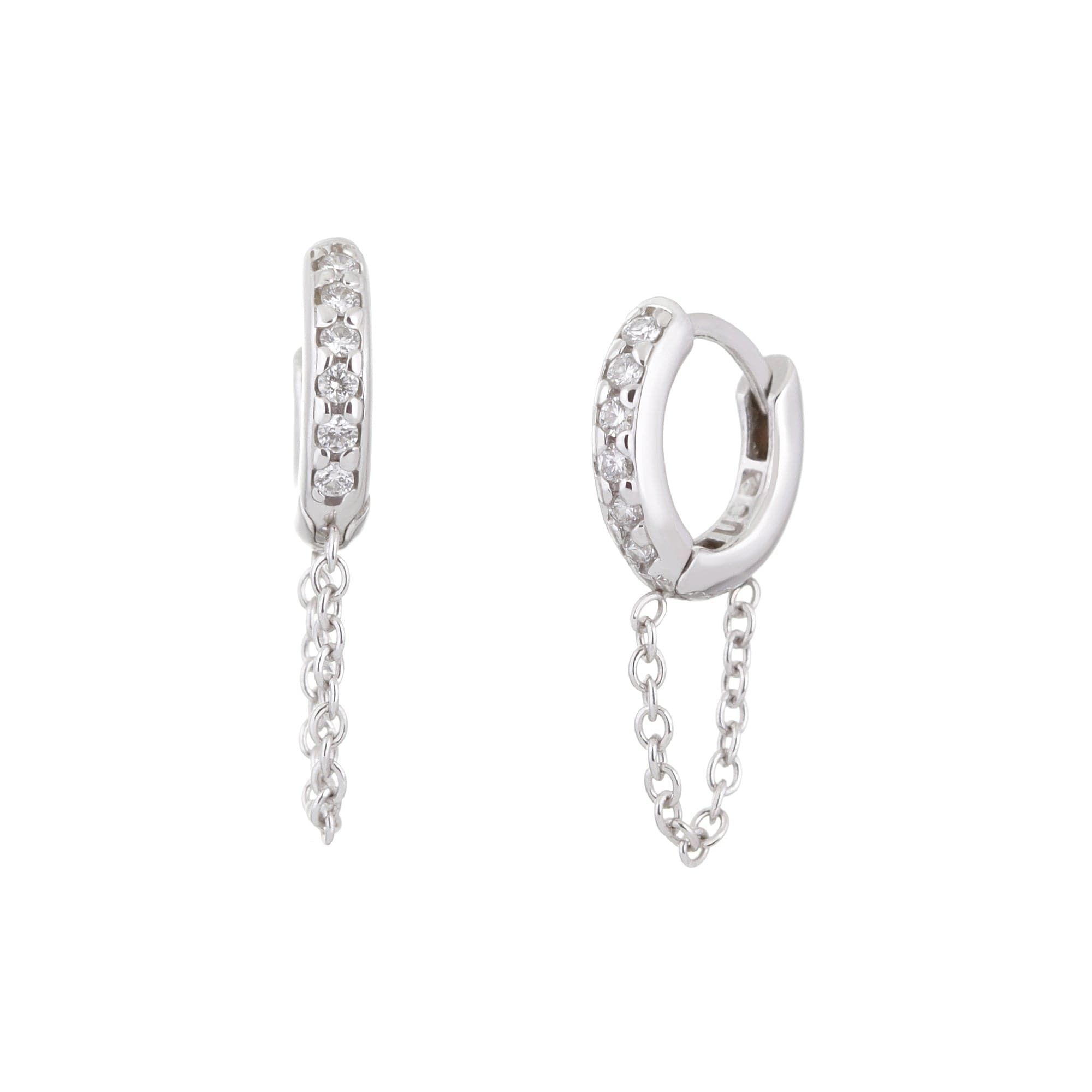 10 mm Diamond and 14K White Gold Huggie Hoops with Chain - eklexic