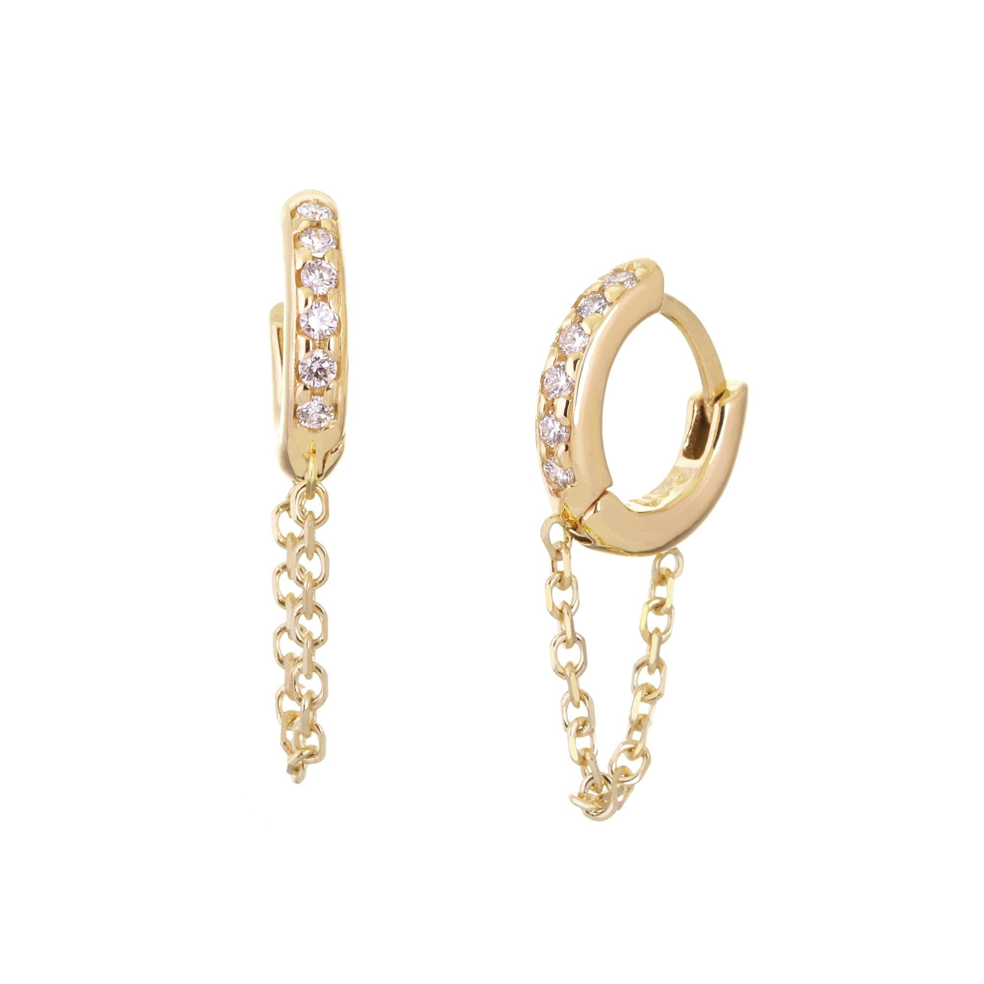 Gold hoop earrings with dangling chains in 14k solid yellow gold for a stylish look