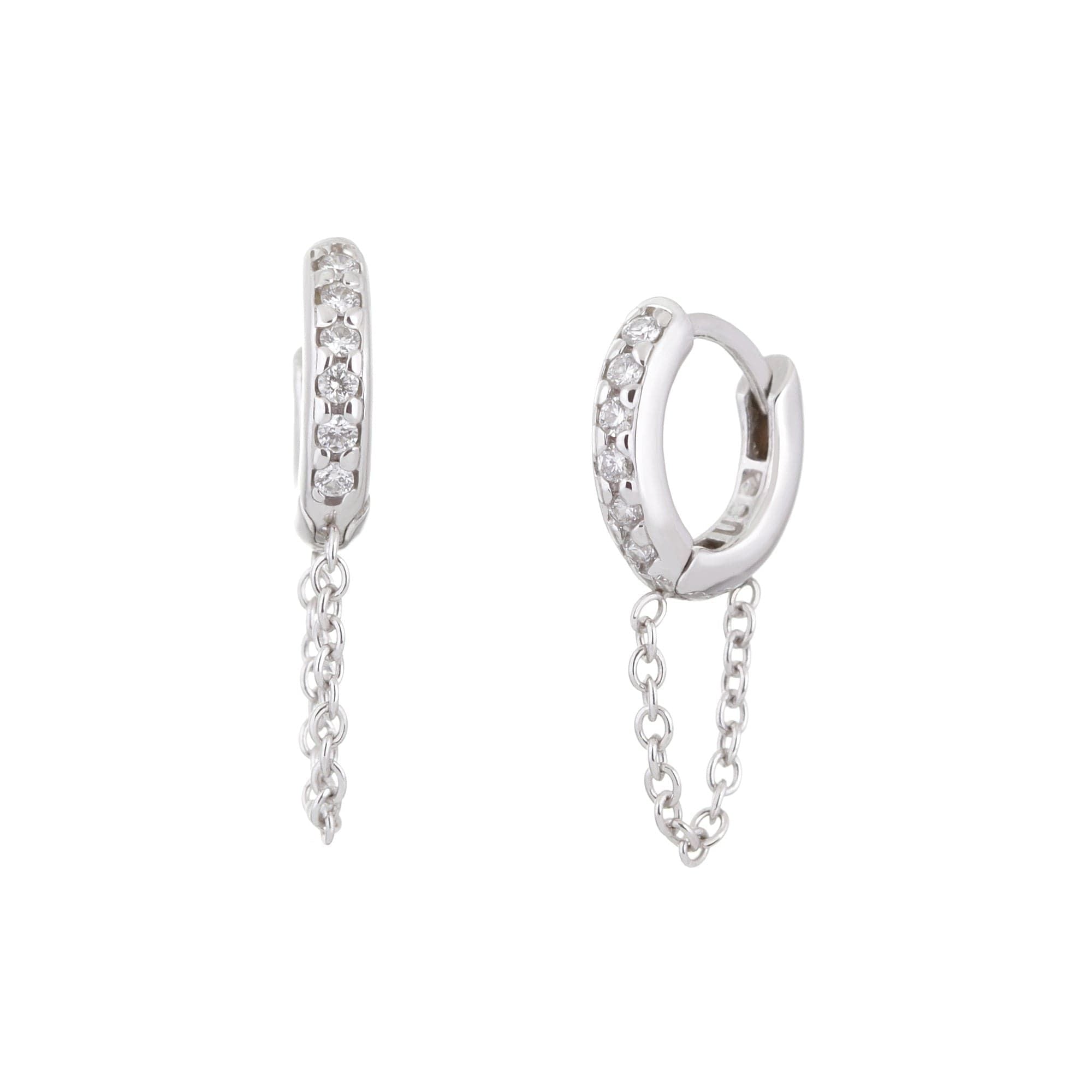 Silver hoop earrings with chain drops in 14K solid white gold elegant huggie hoops