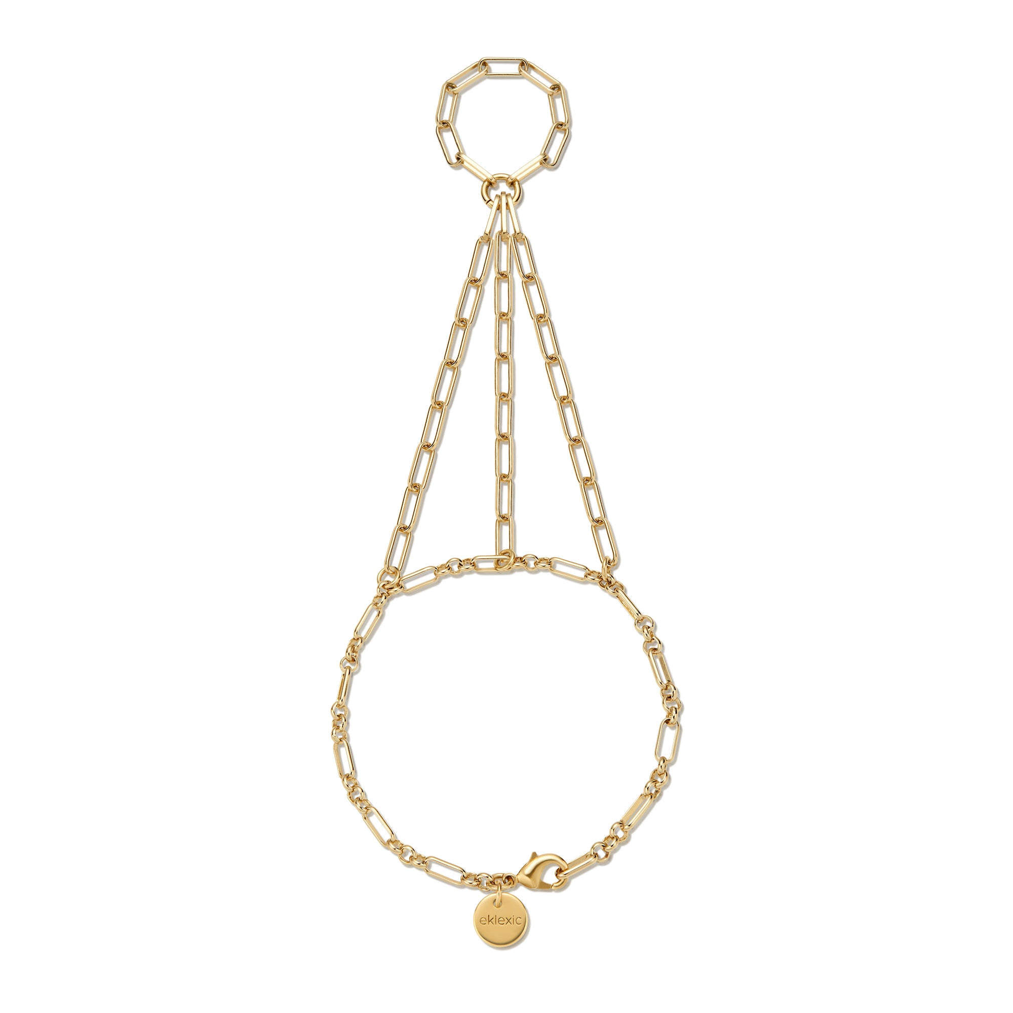 Leila Hand Chain in 14K Gold Plating made from recycled brass, showcasing an elegant and eco-conscious design.