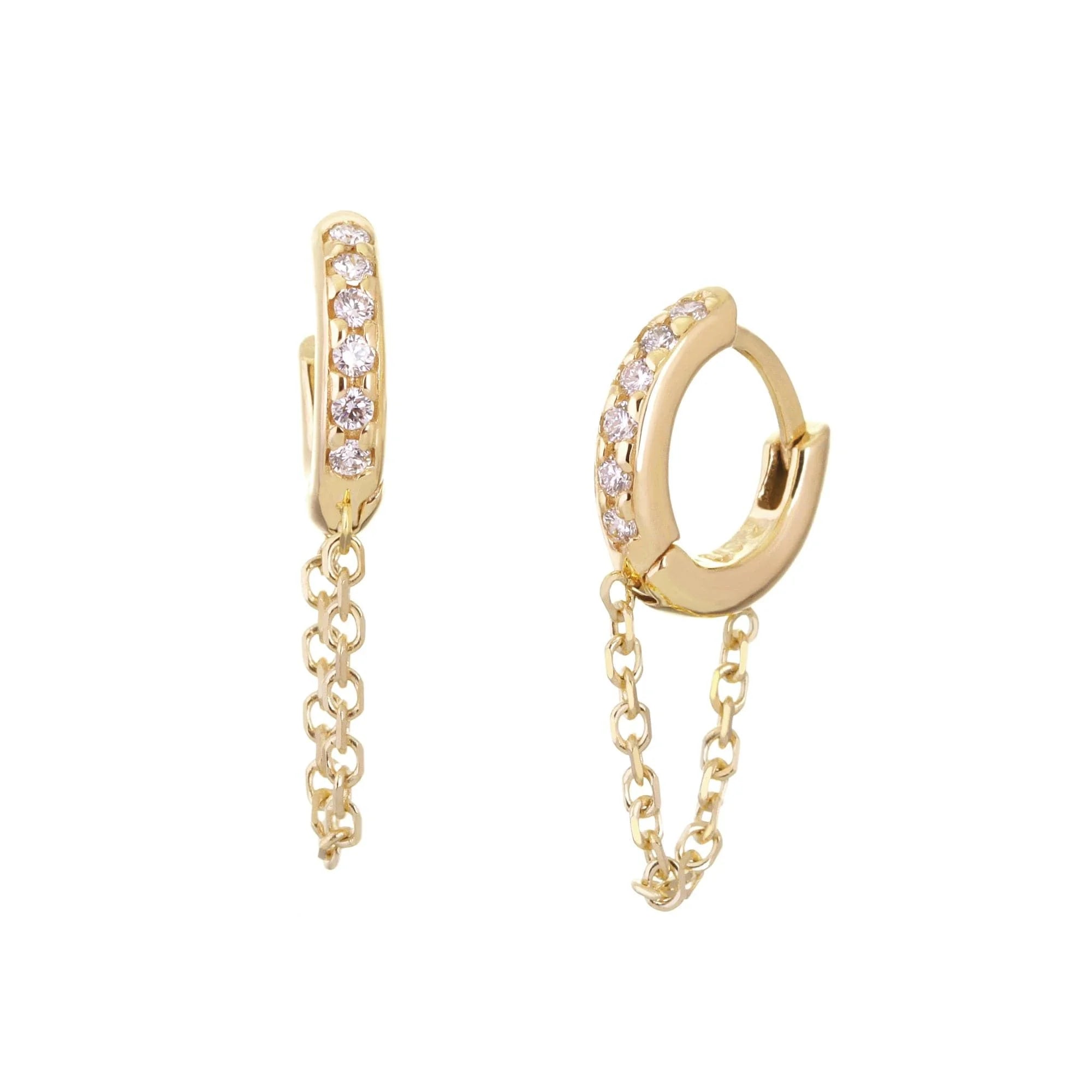 Gold hoop earrings with dangling chains in 14K solid yellow gold featuring a yellow gold chain
