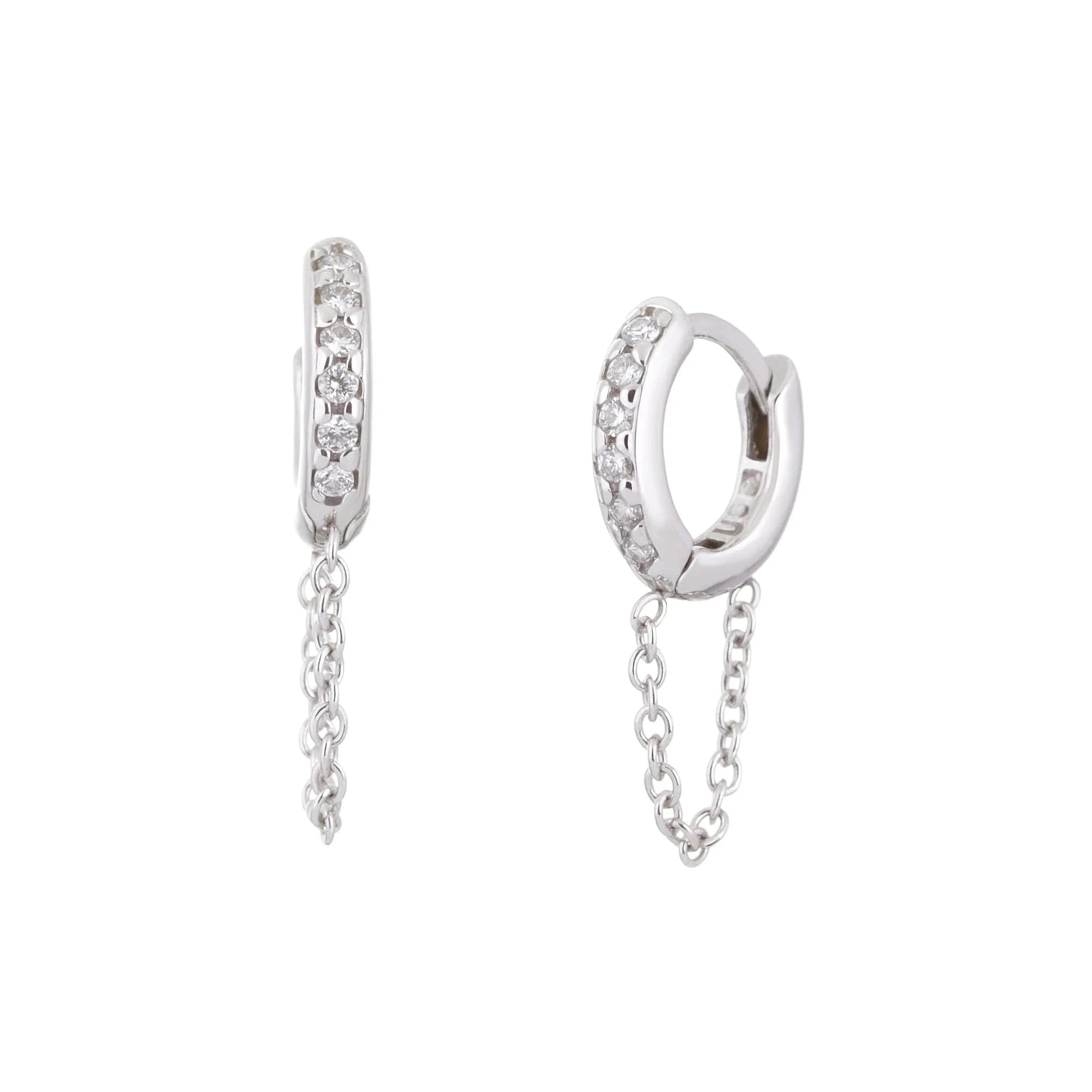 Silver hoop earrings with chain in 14k white gold and gold chain drop design