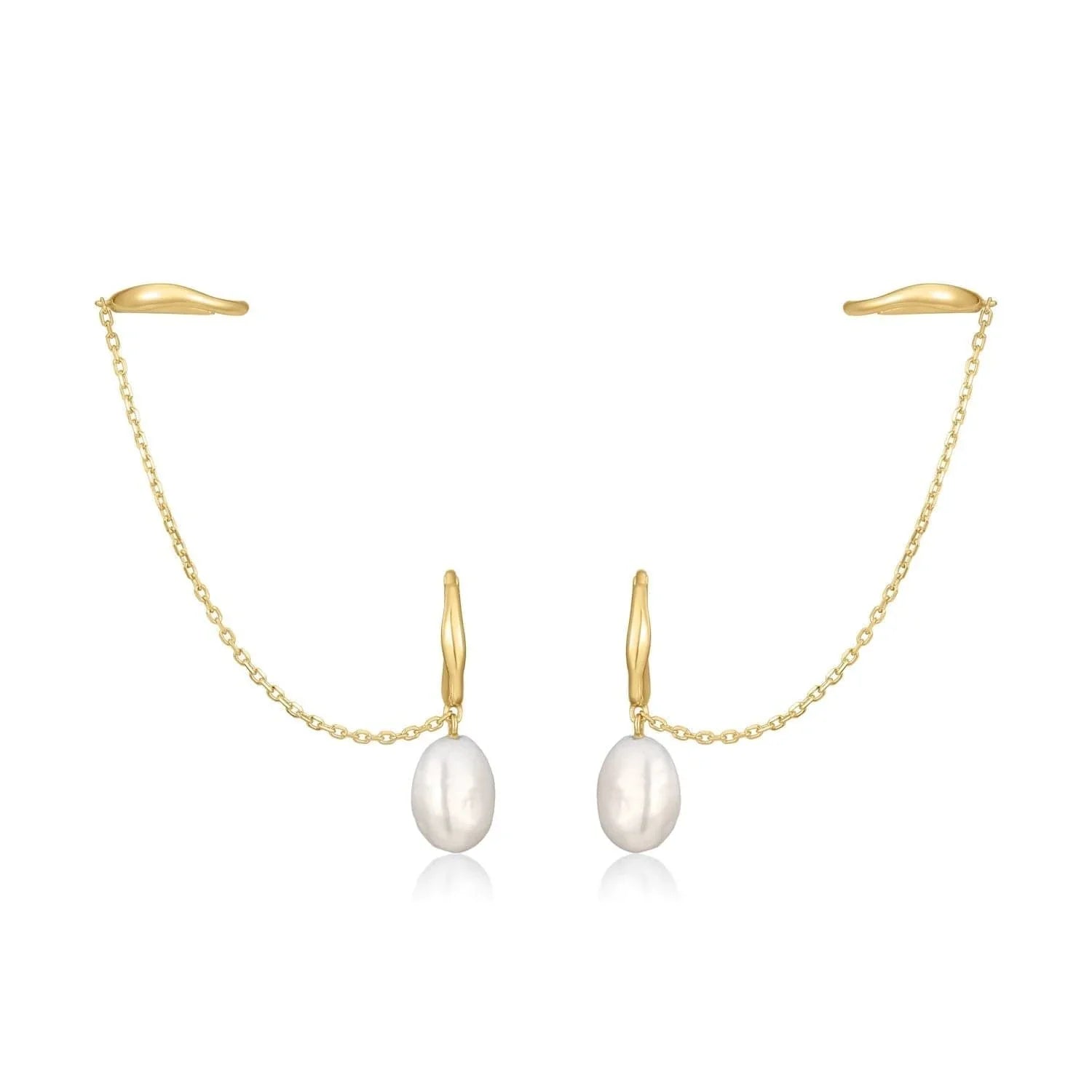 Gold chain and pearl earrings from 14K Earcuff & Pearl Drop Huggie Hoop Earrings collection