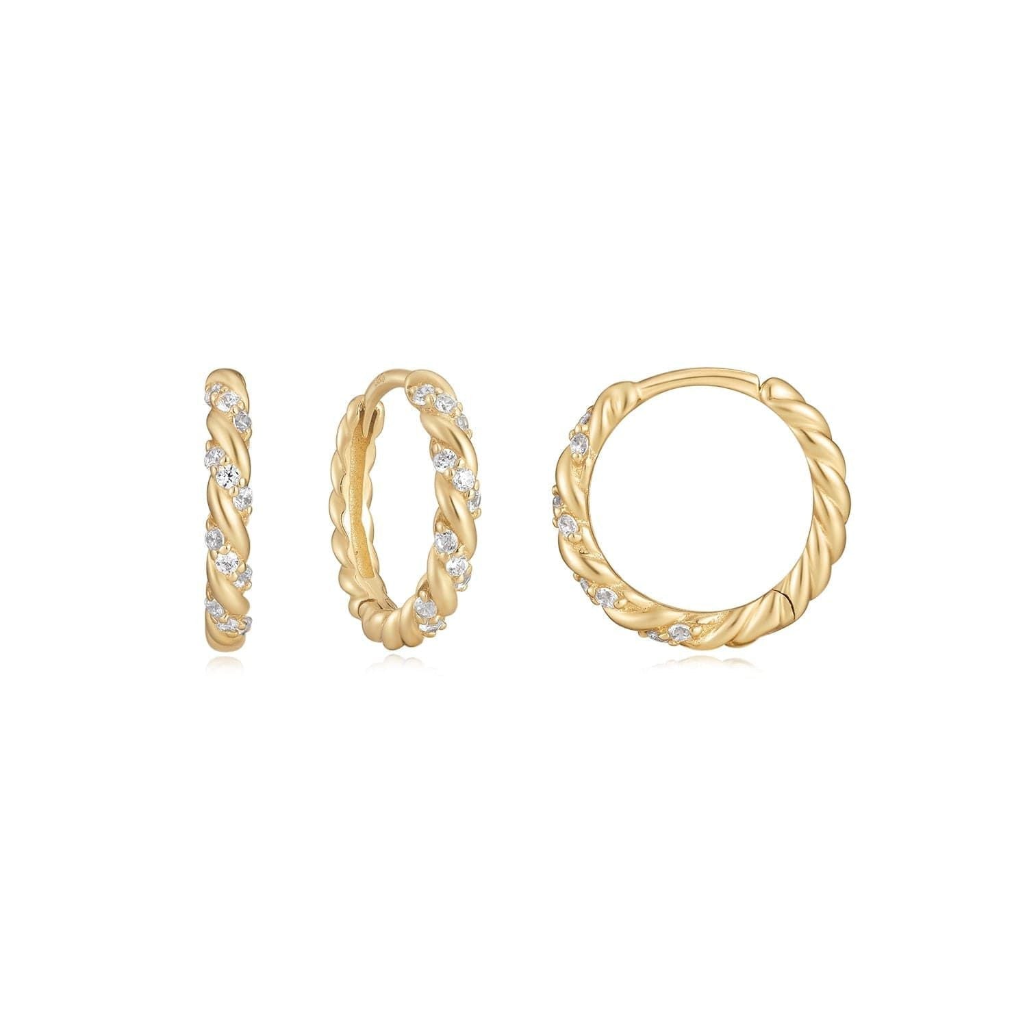 Three 14K solid yellow gold twisted huggie hoops with diamond embellishments