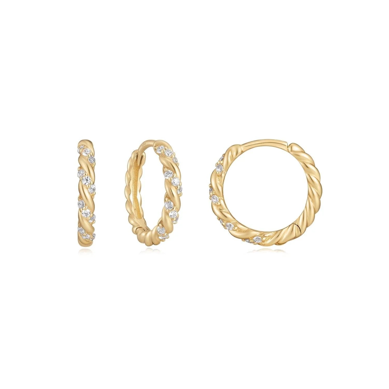 14K solid yellow gold diamond twisted huggie hoops with embedded crystals