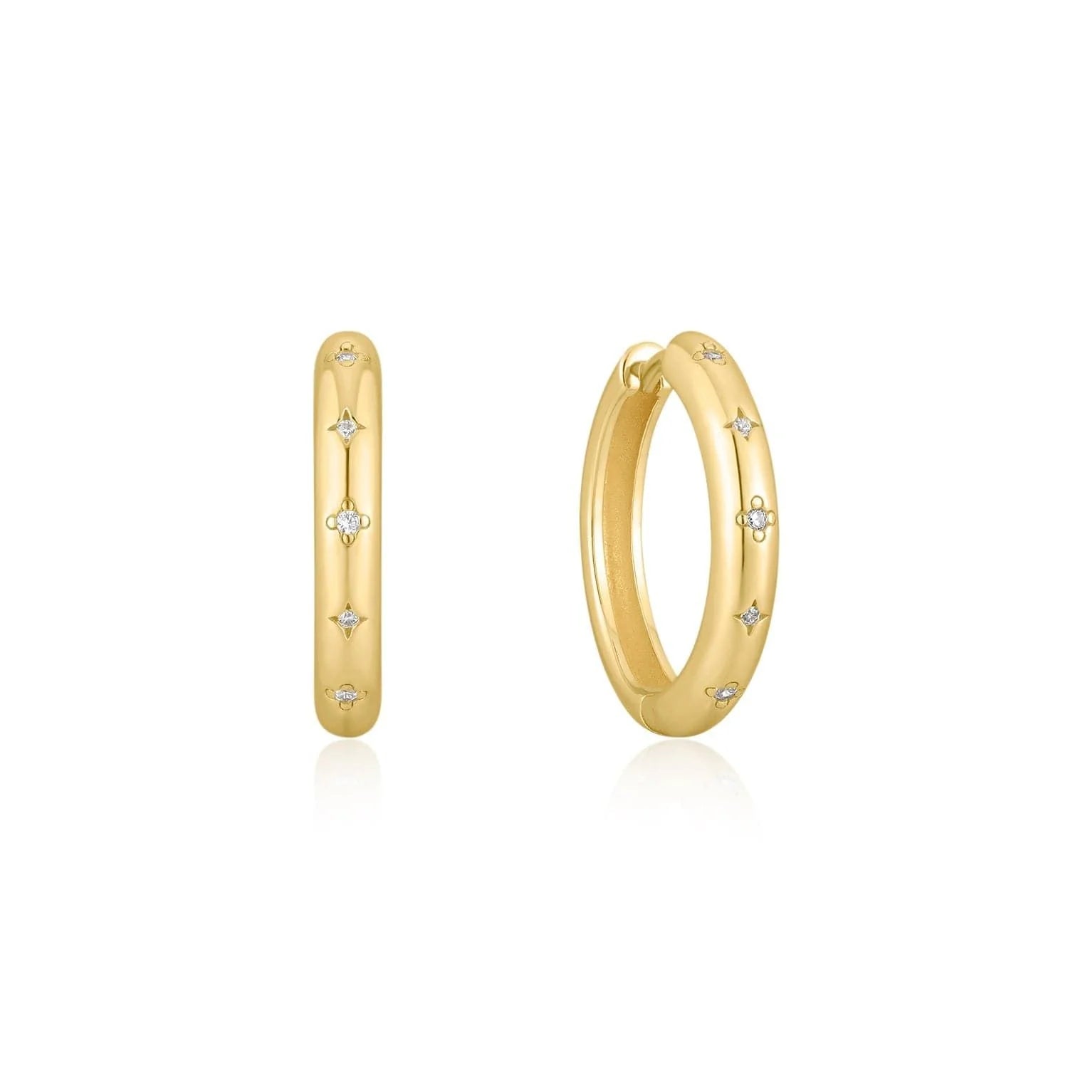14k gold plated sterling silver 15mm CZ Galaxy Huggie Hoops with diamond accents model