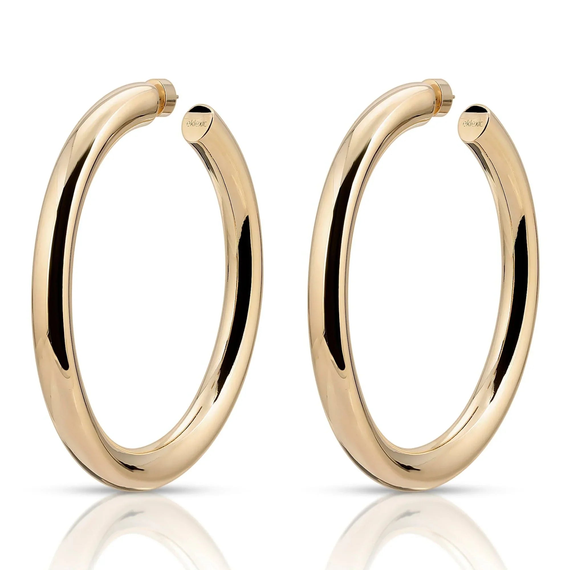 Gold hoop earrings on display in the 2.5 inch Ryan Hoops product photo