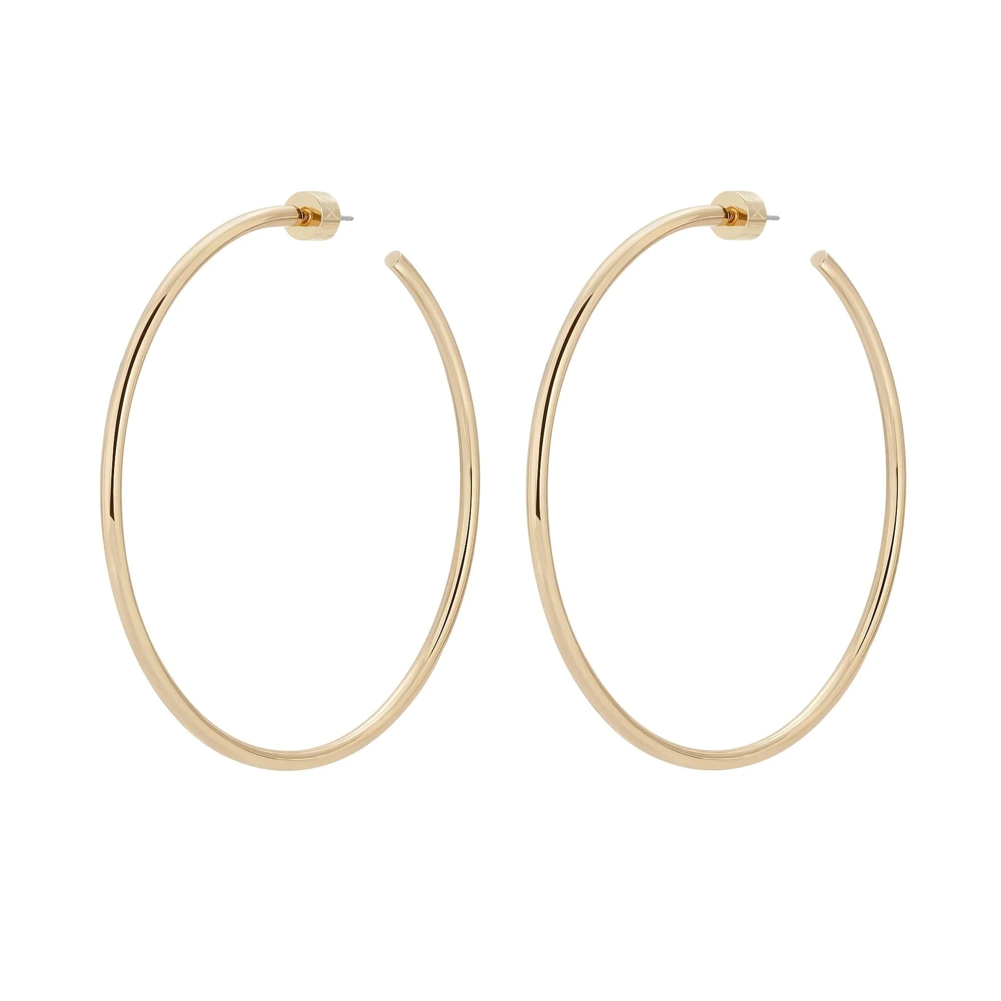Pair of 2.5 inch yellow gold rhodium brass wire hoop earrings made from recycled brass wire