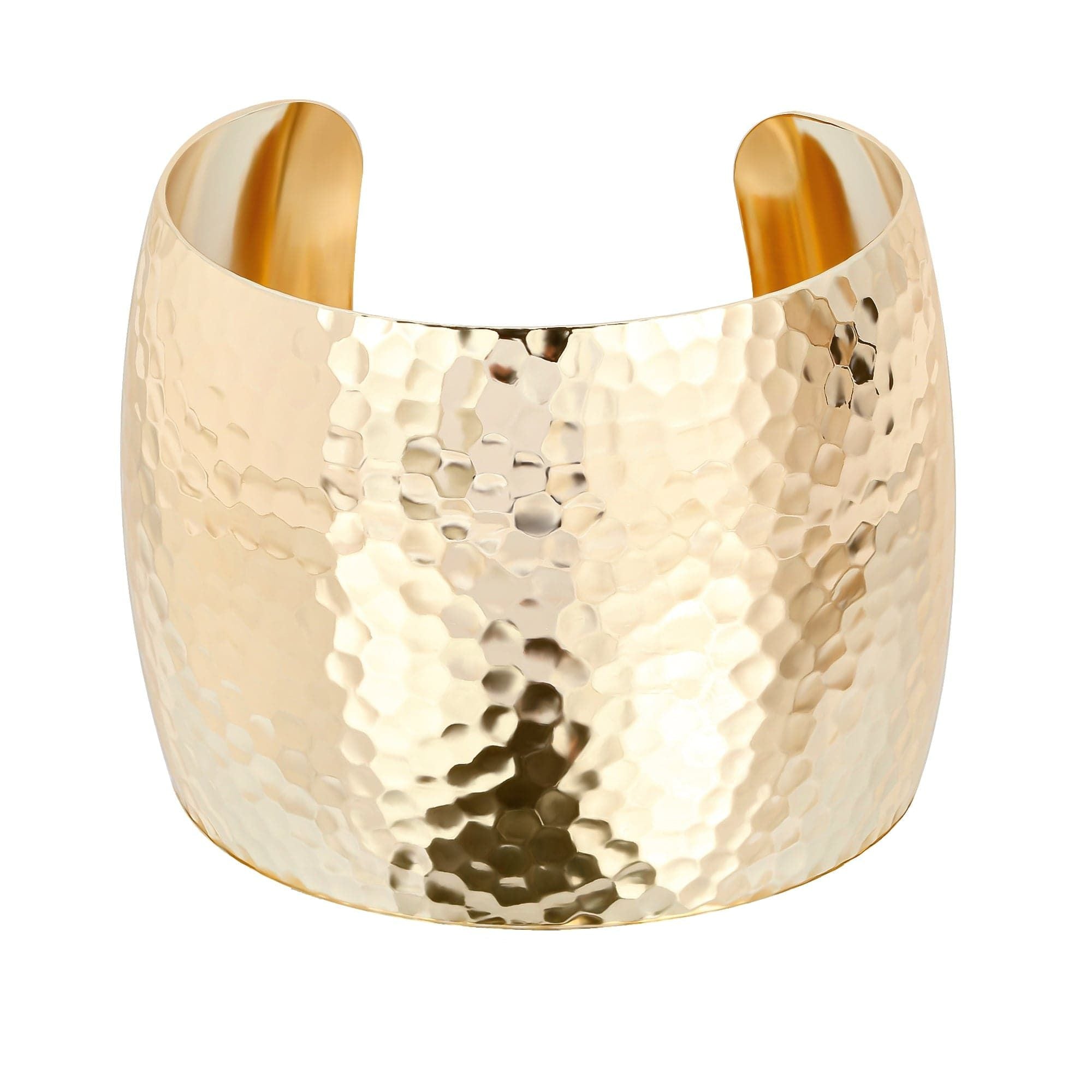 Gold Hammered Cuff Bracelet made of inch wide recycled brass with a domed design