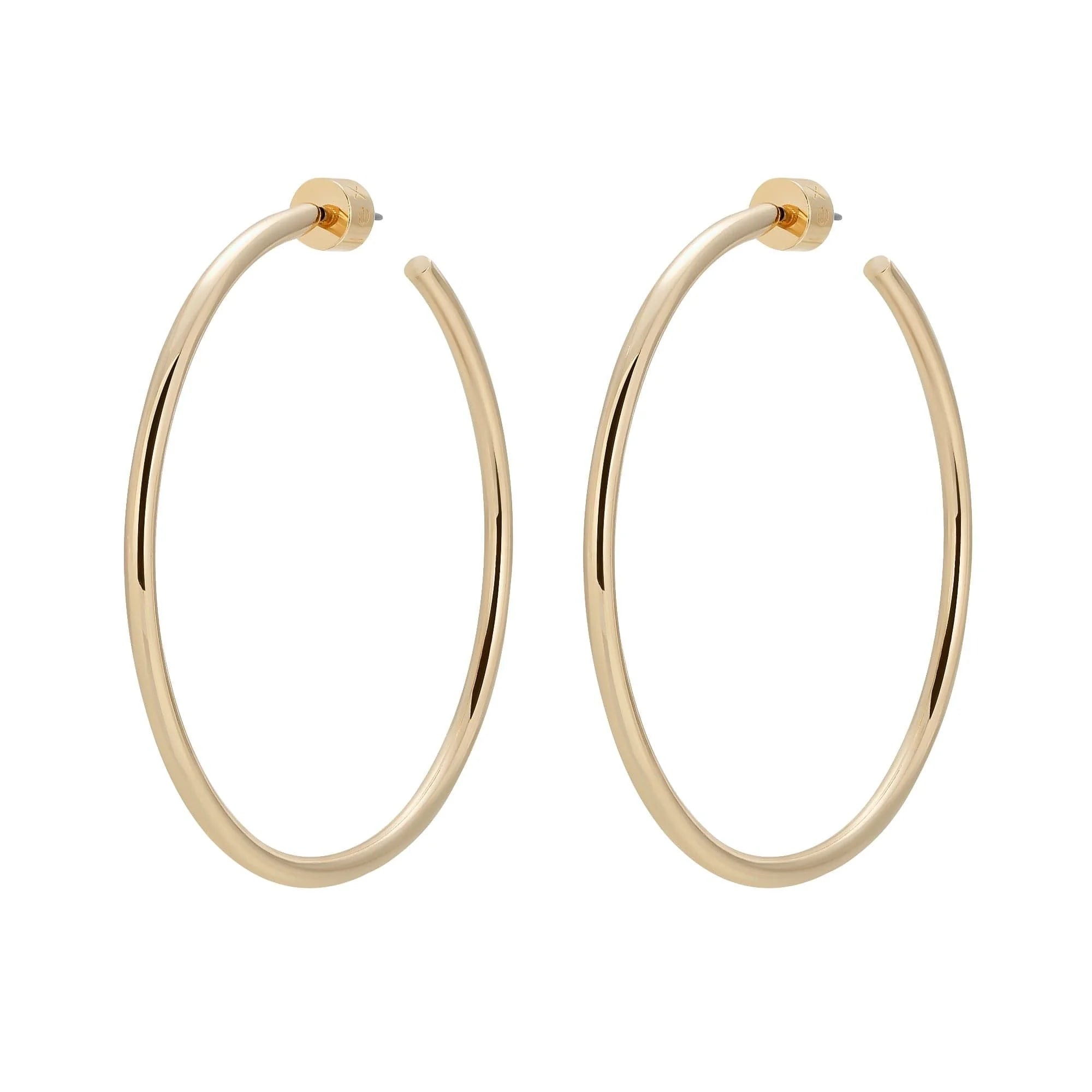 Pair of 2-inch yellow gold rhodium hoop earrings made from recycled brass wire