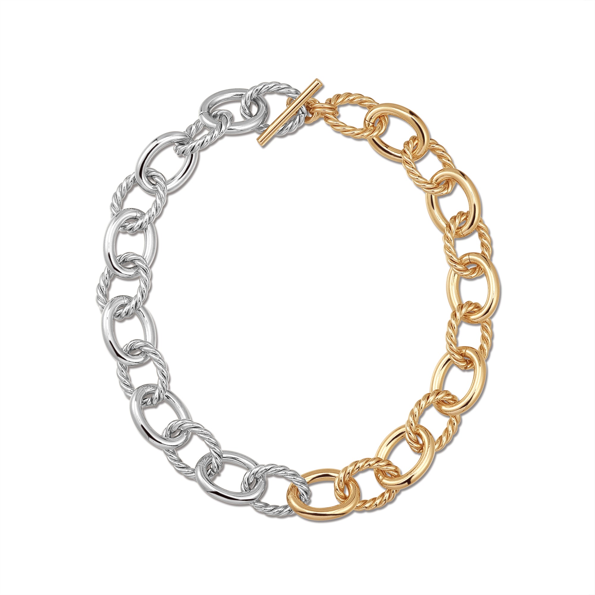 Two-toned XL alternating twisted link necklace in silver and gold with toggle clasp, made of recycled brass and plated with 14K gold and rhodium.