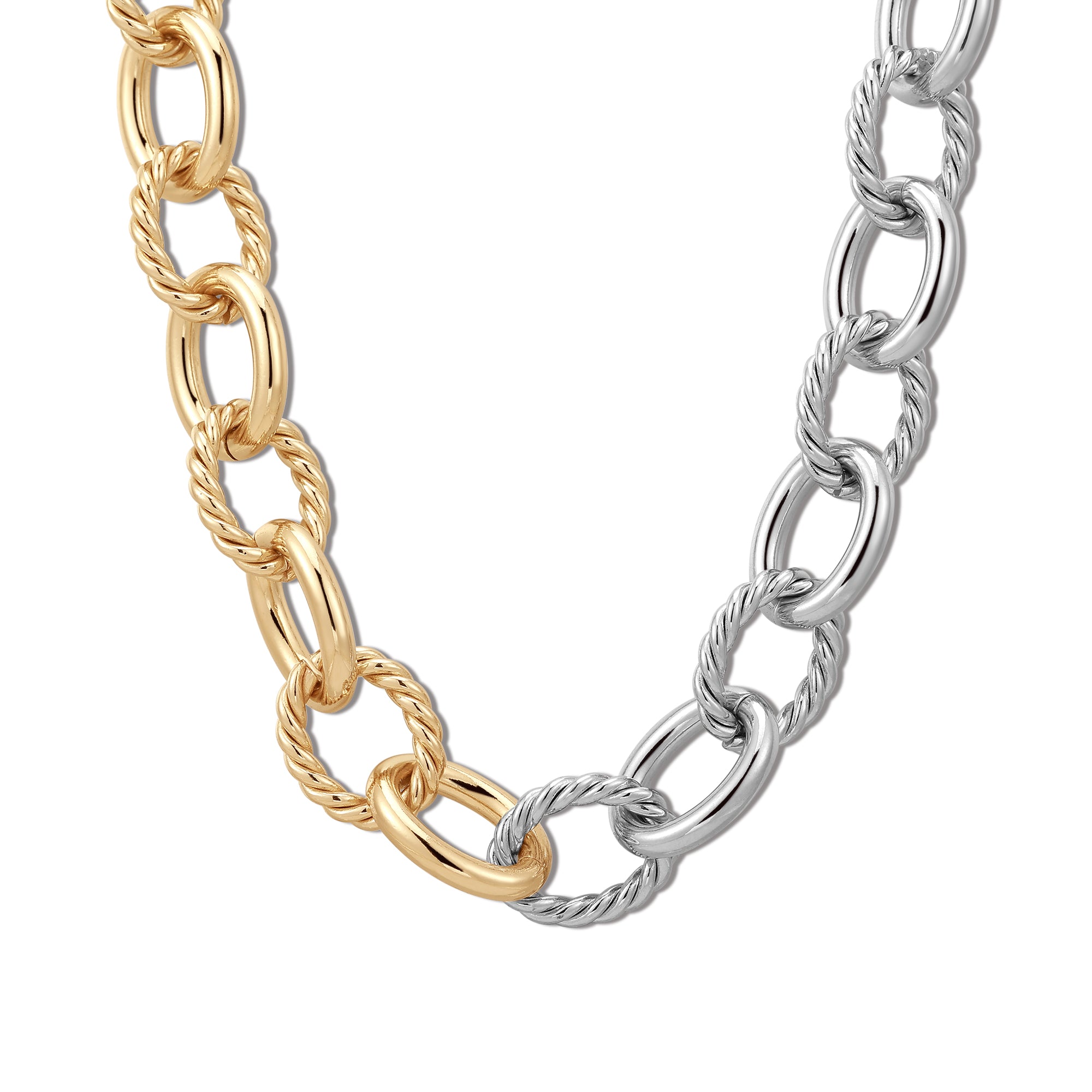 Two-toned necklace with gold and silver twisted links, featuring a bold design and toggle clasp for easy wear.