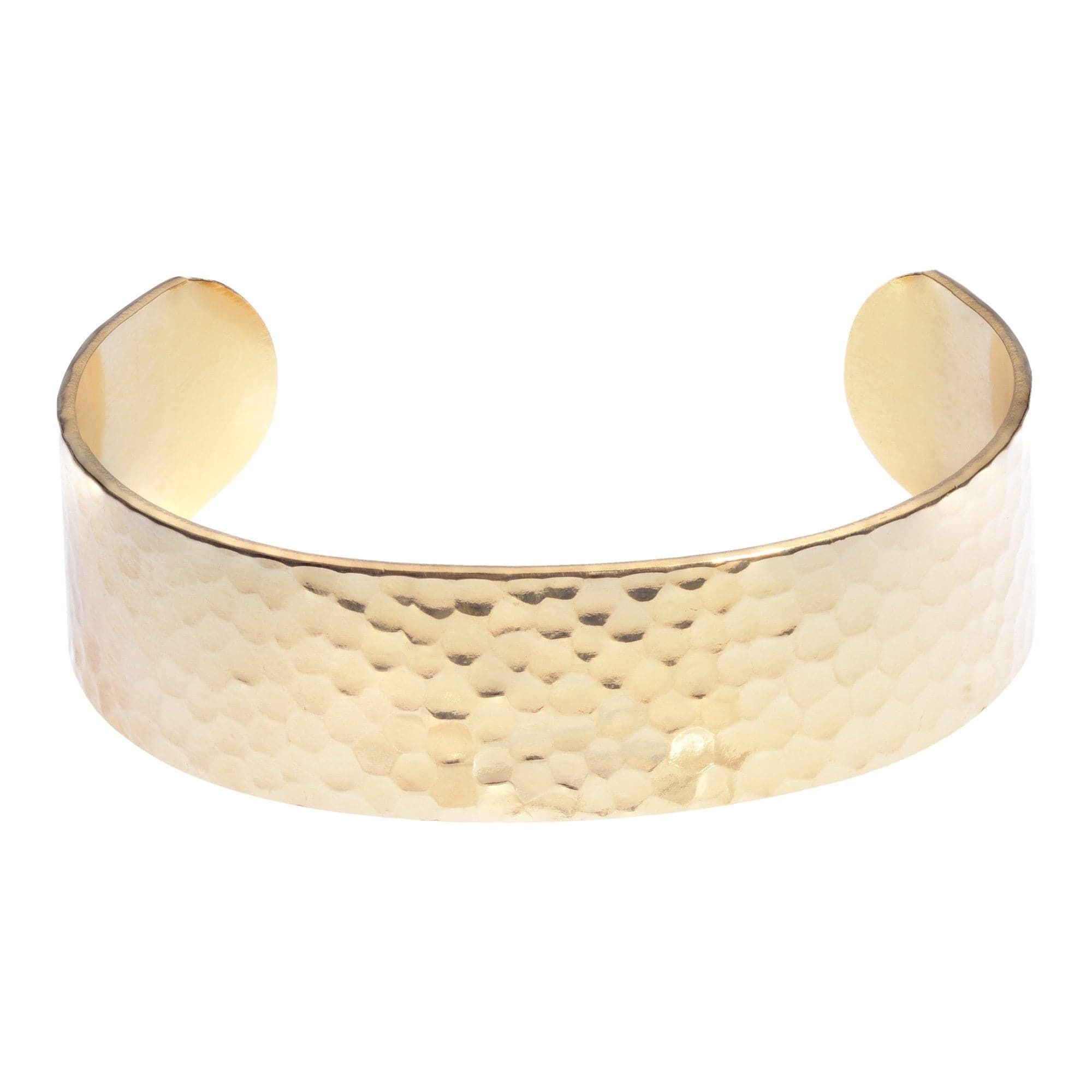 Hammered gold cuff bracelet in 3/4 inch wide recycled brass design