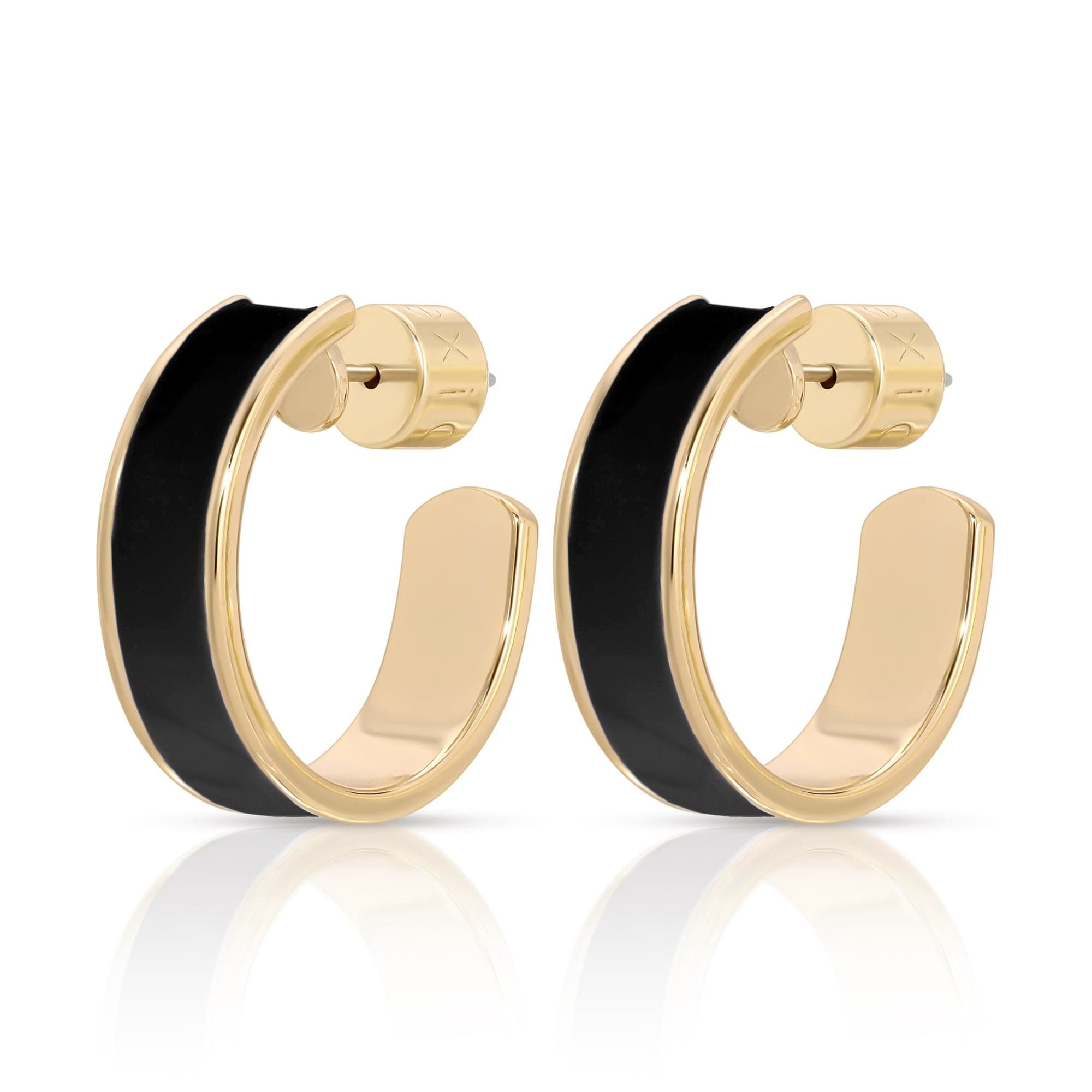 a pair of black and gold hoop earrings