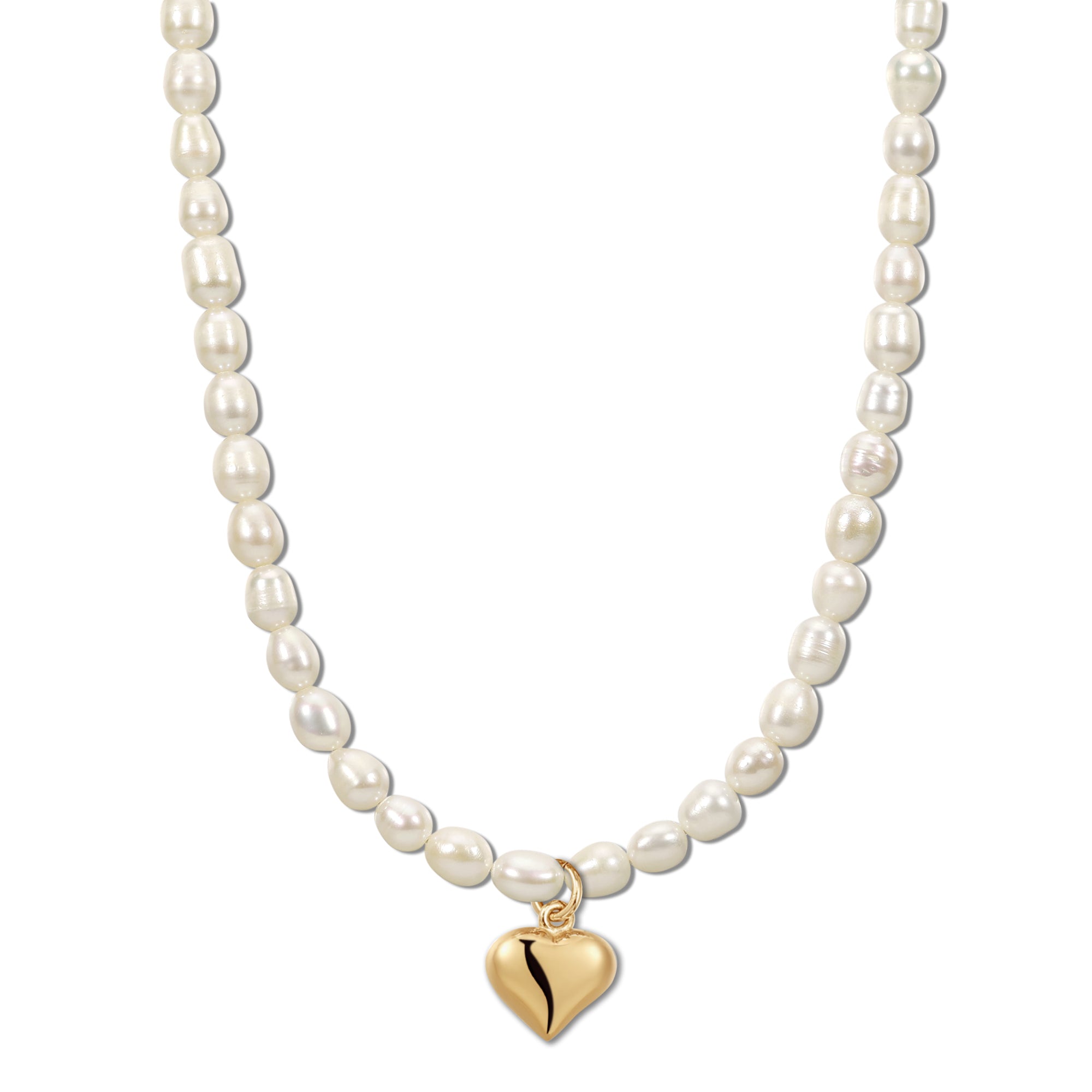 Pearl and Puffy Heart Pendant Necklace with gold heart pendant and lustrous pearls