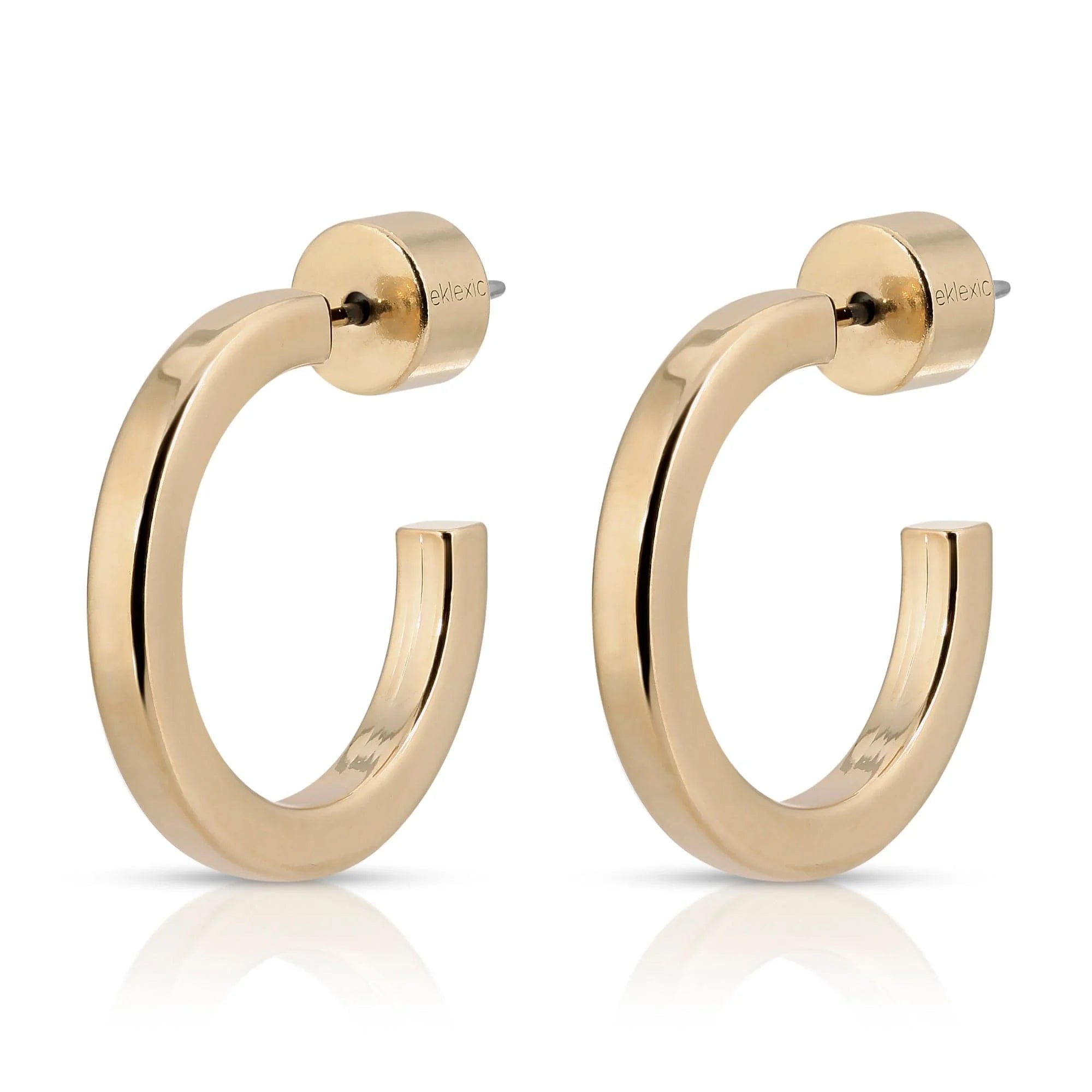 Pair of gold Ava Huggie Hoops with square wire shape made from recycled brass