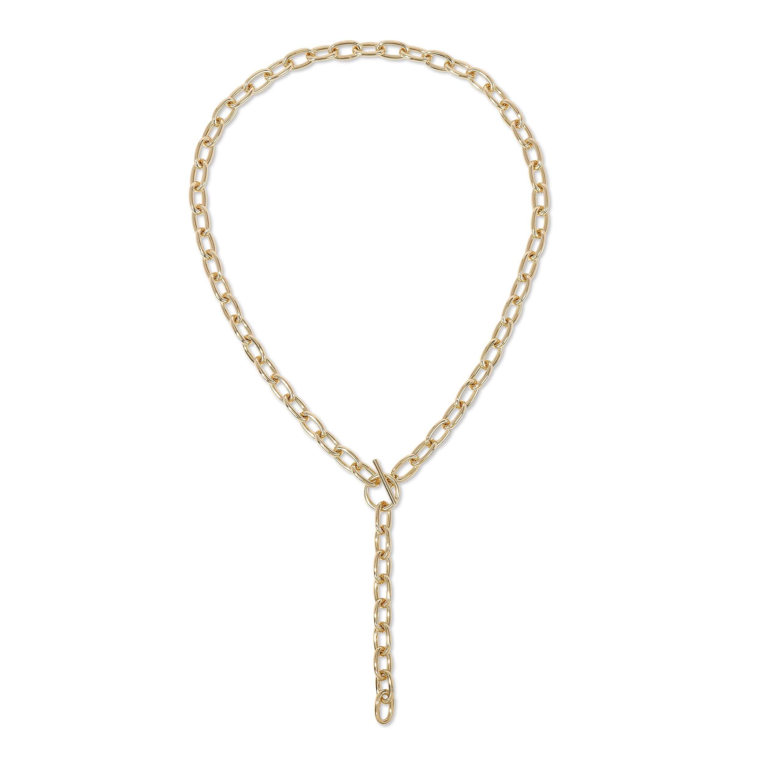 a gold necklace with a long chain on a white background