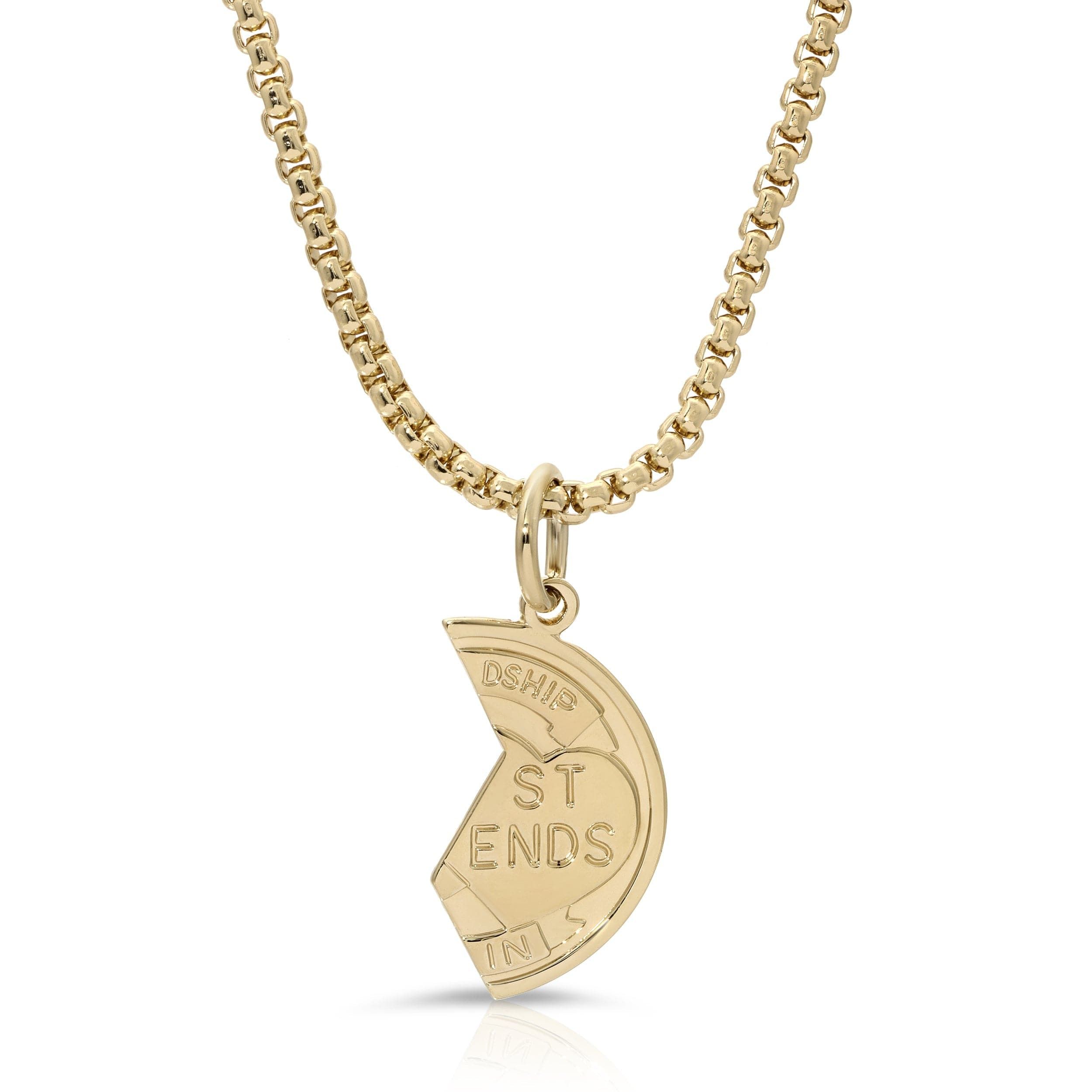 a gold necklace with a crescent and the words st ends on it