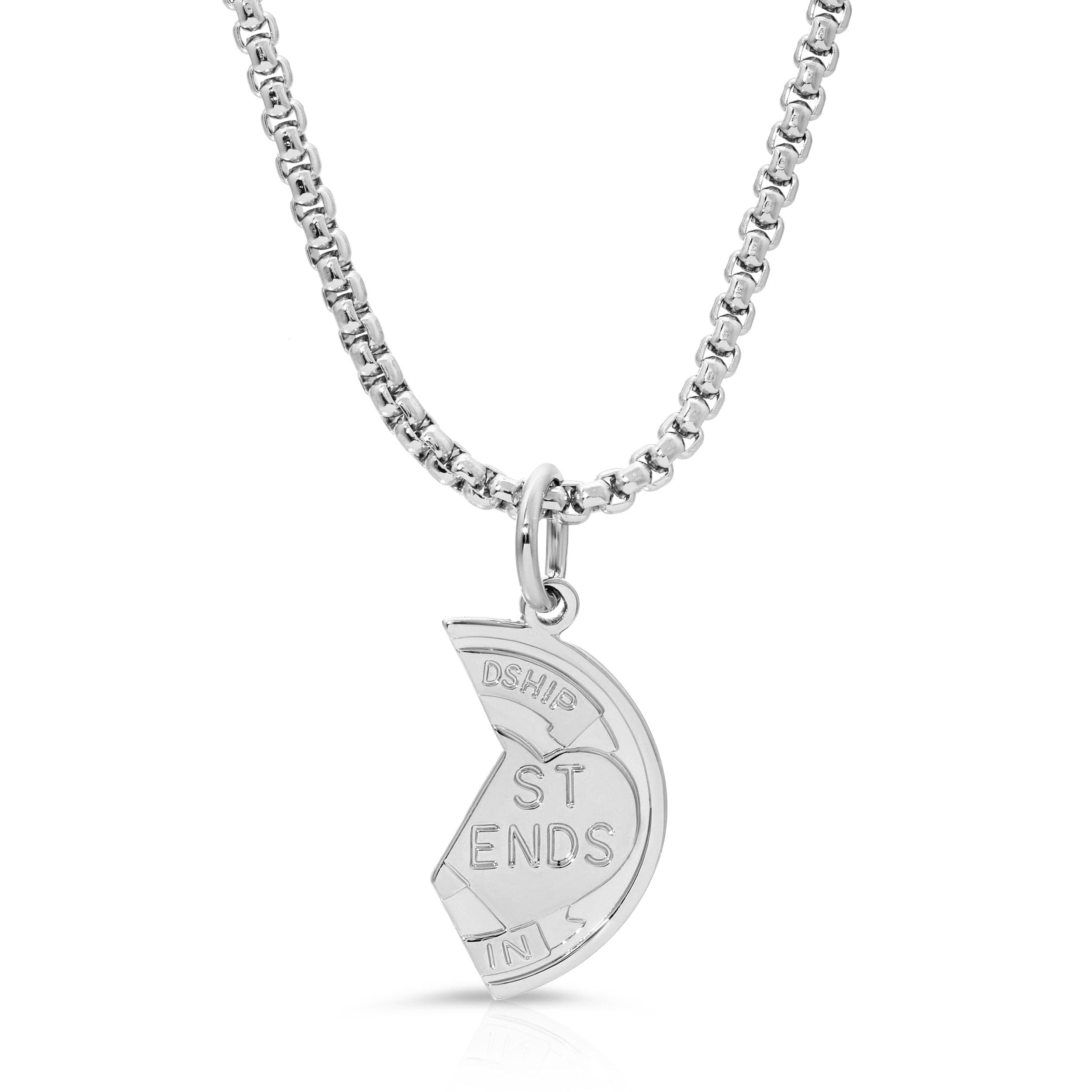 a silver necklace with a crescent and the words st ends on it