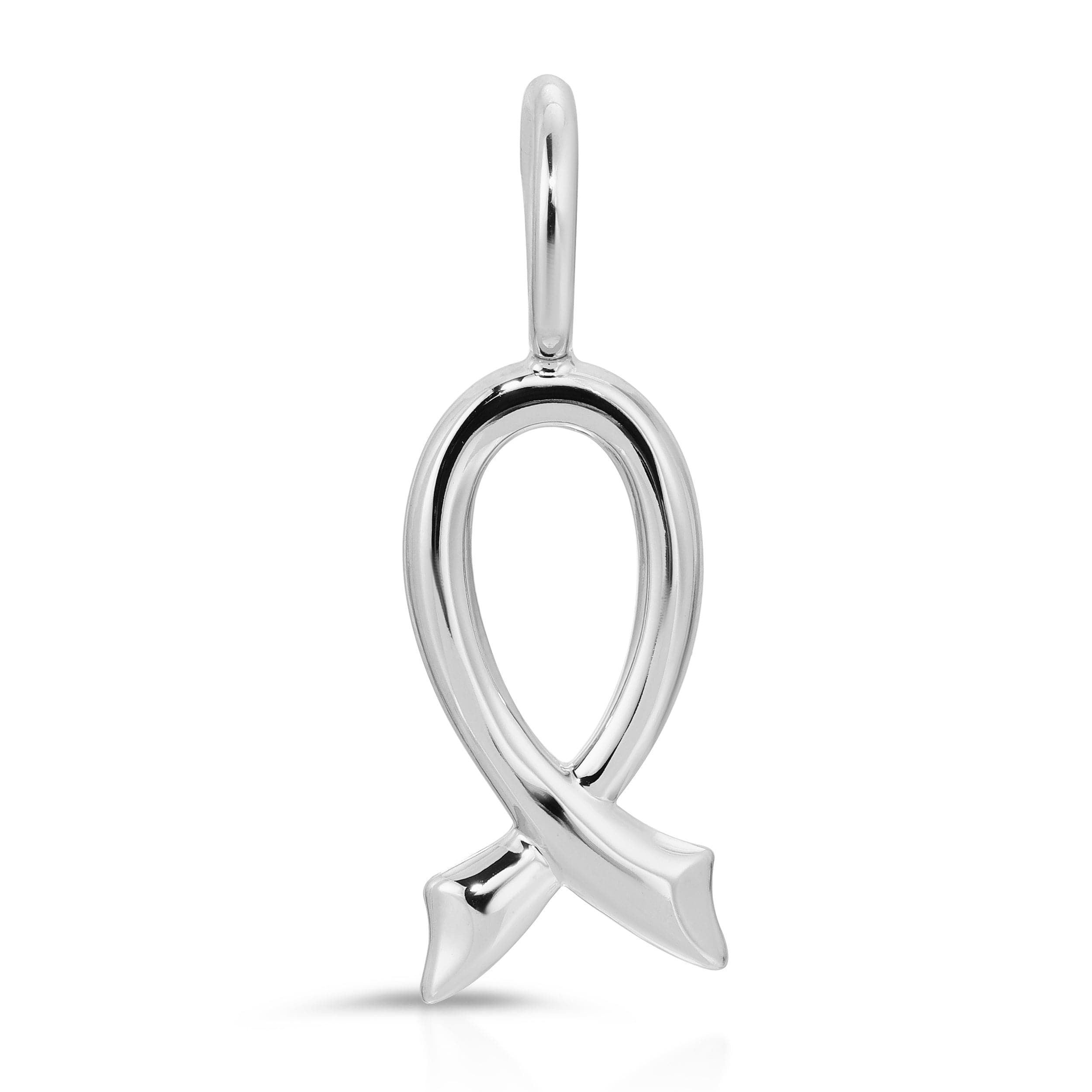 a silver pendant with a curved design on a white background