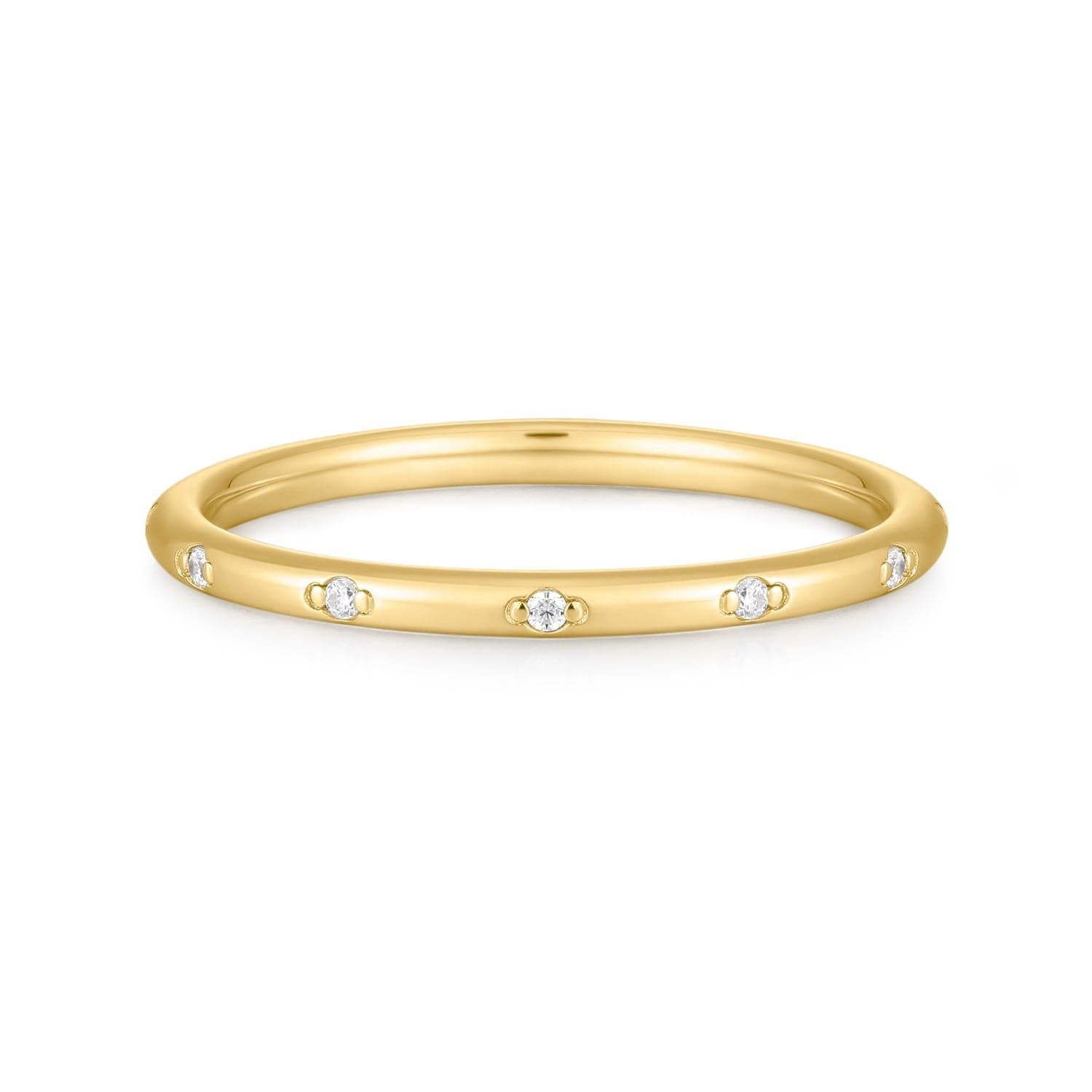 a yellow gold wedding band with five diamonds