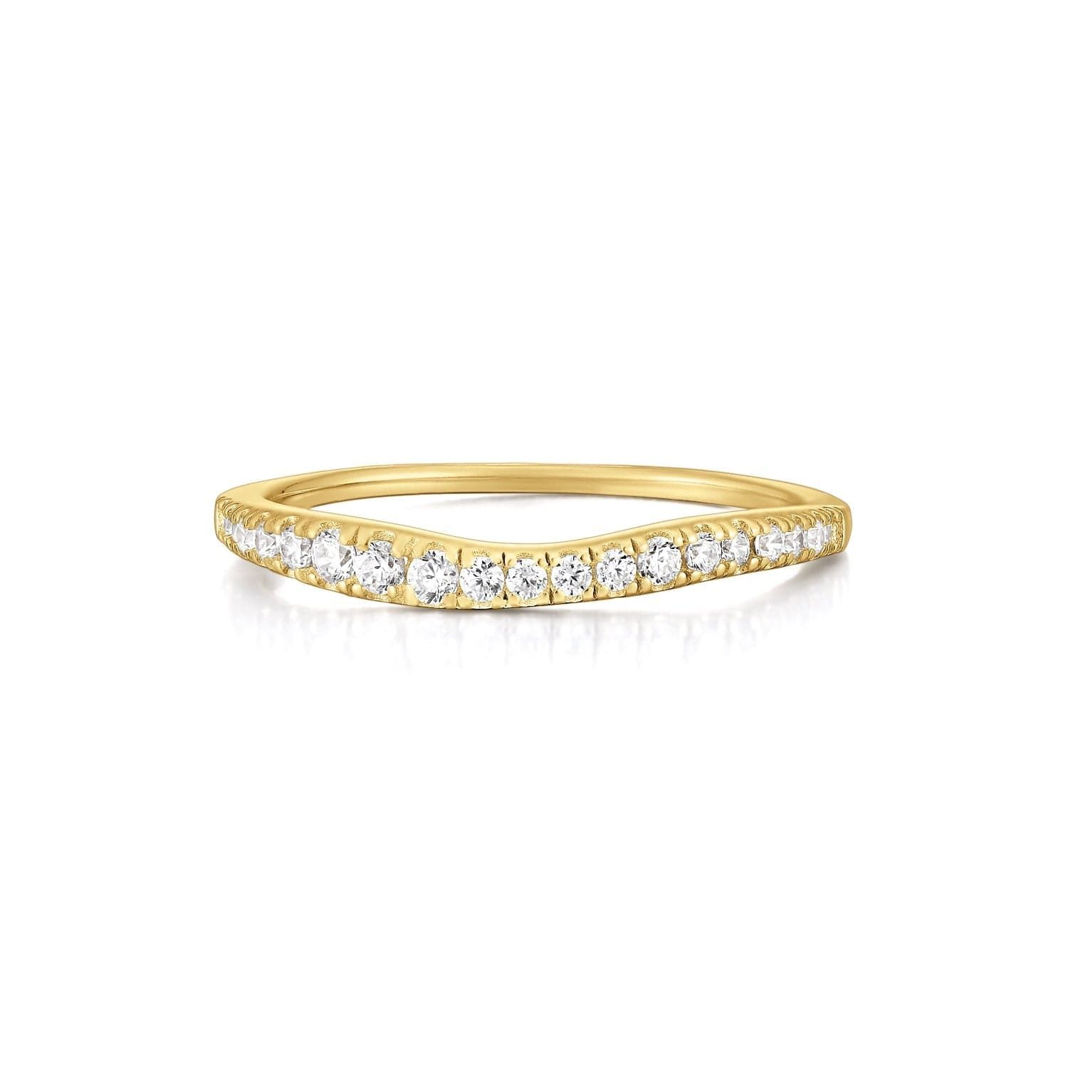 a yellow gold wedding band with white diamonds