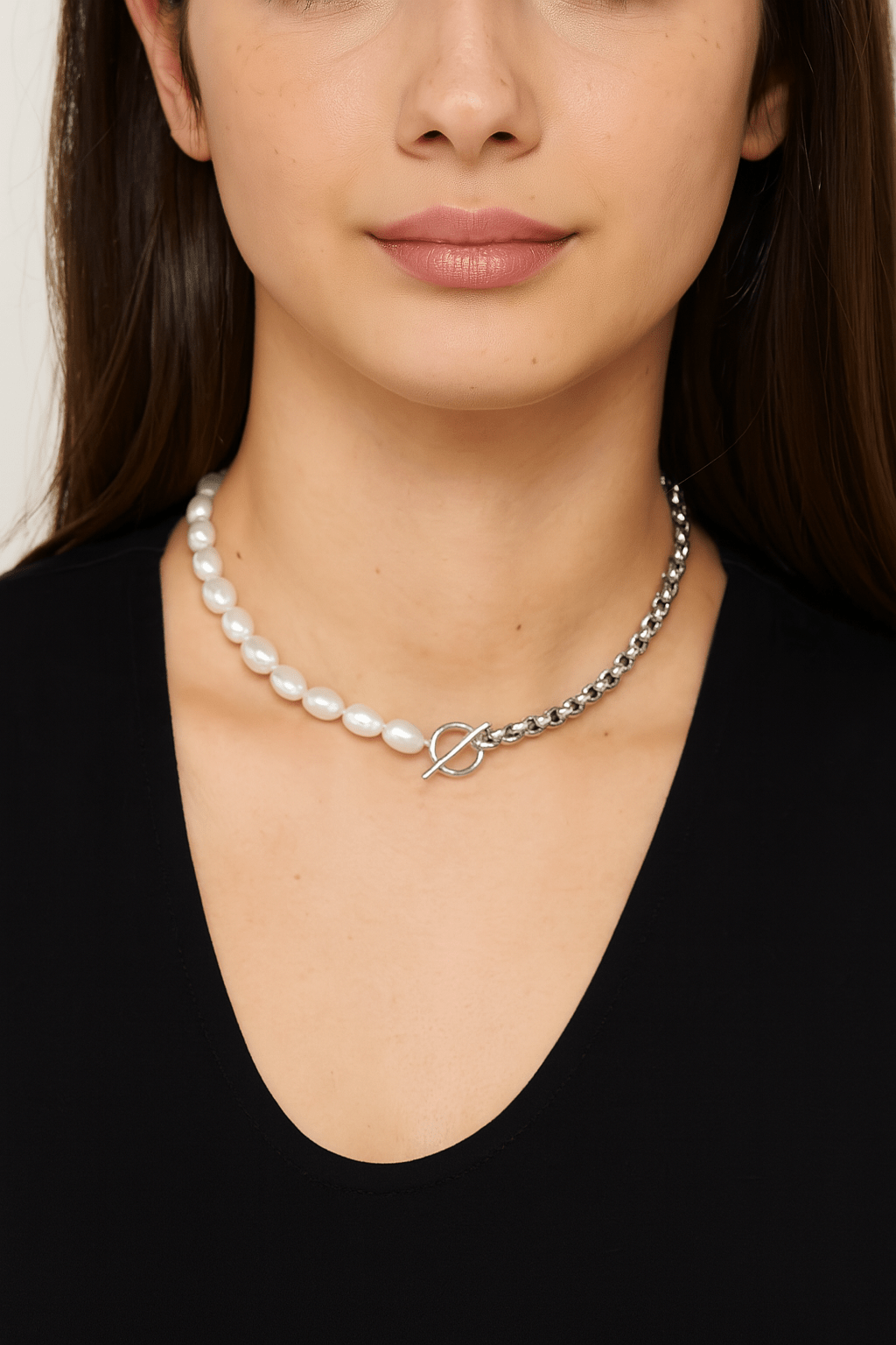 Rosie Necklace featuring a half-pearl, half-chain design with toggle clasp