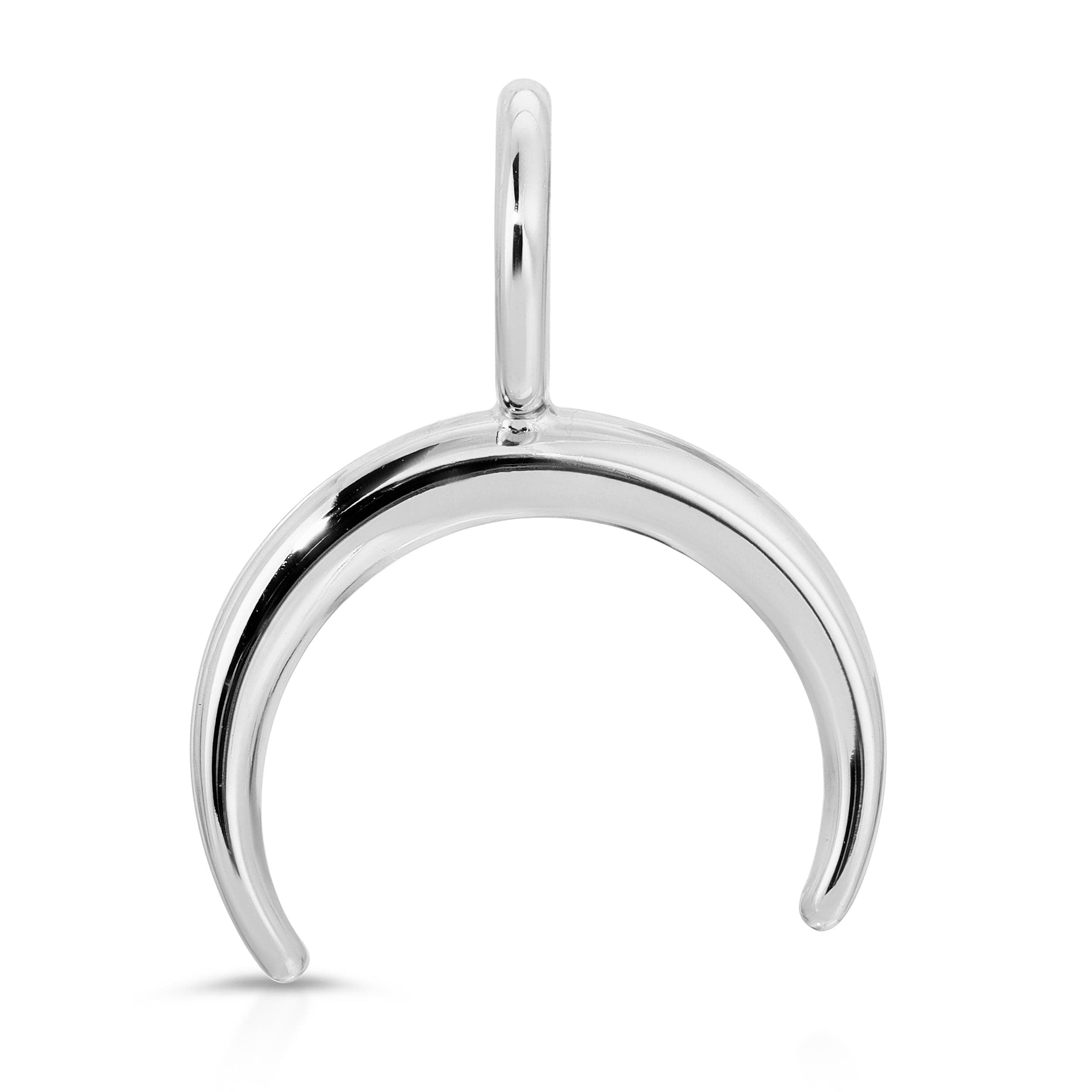 a silver pendant with a curved design on a white background