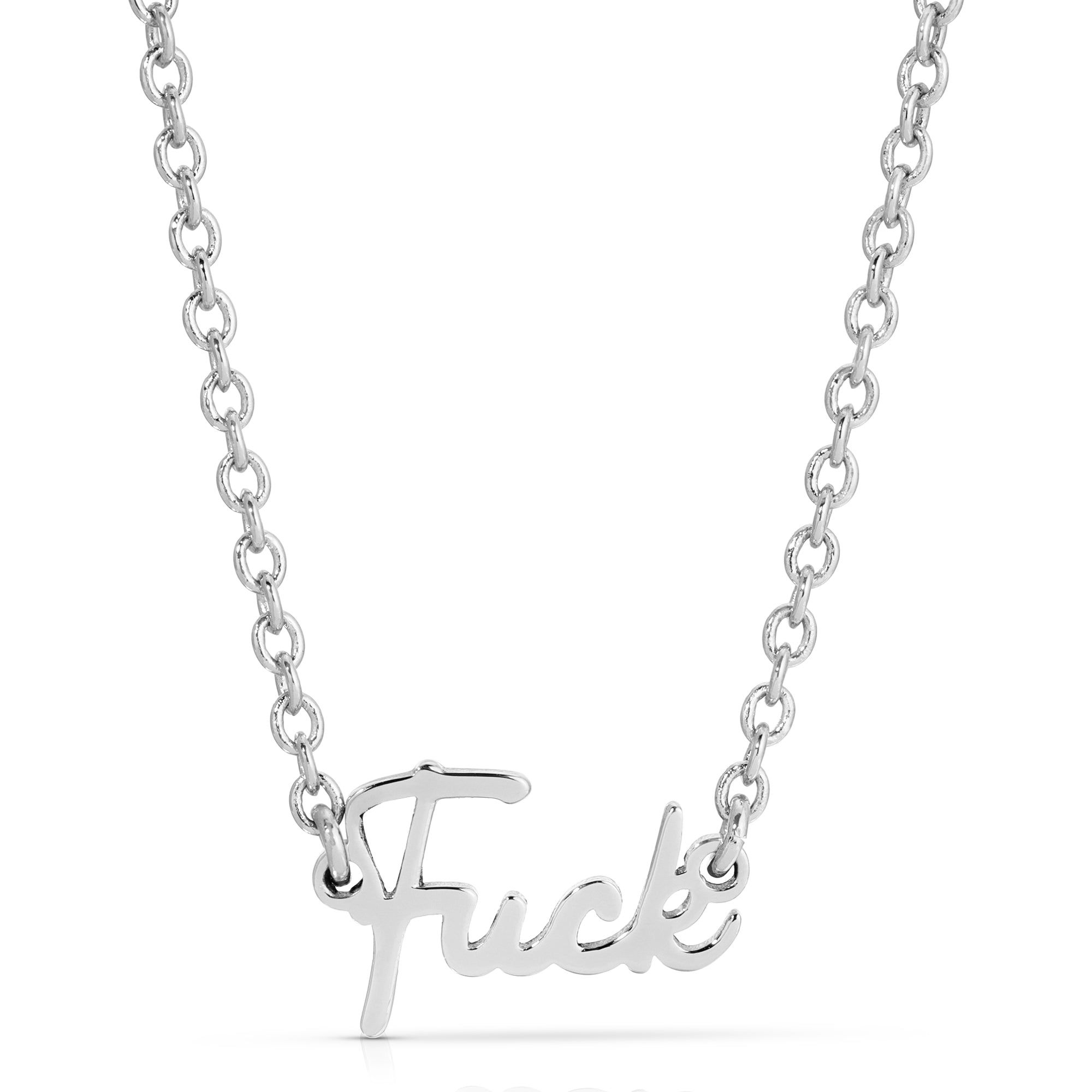 a silver necklace with the word flick on it