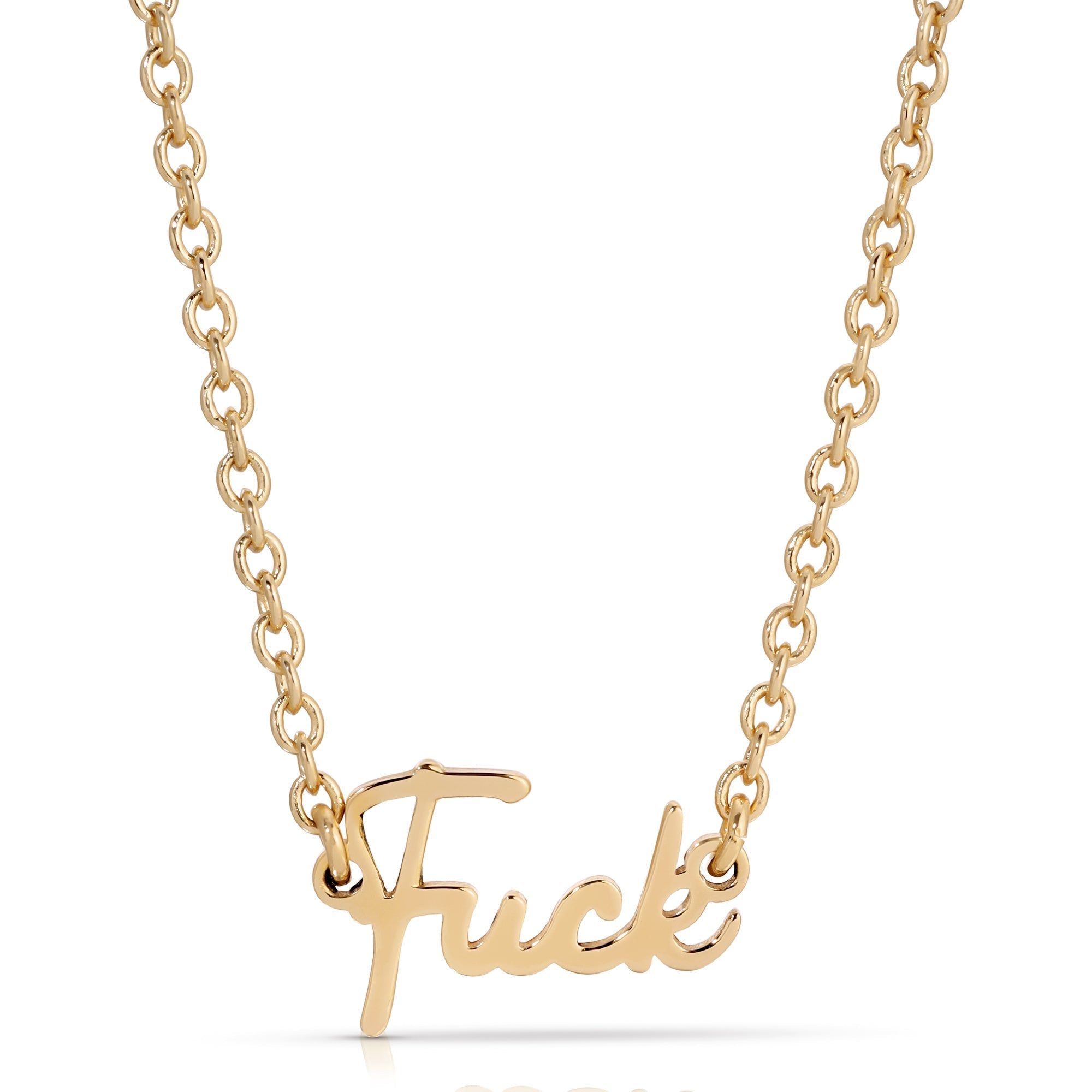 a gold necklace with the word fuck on it