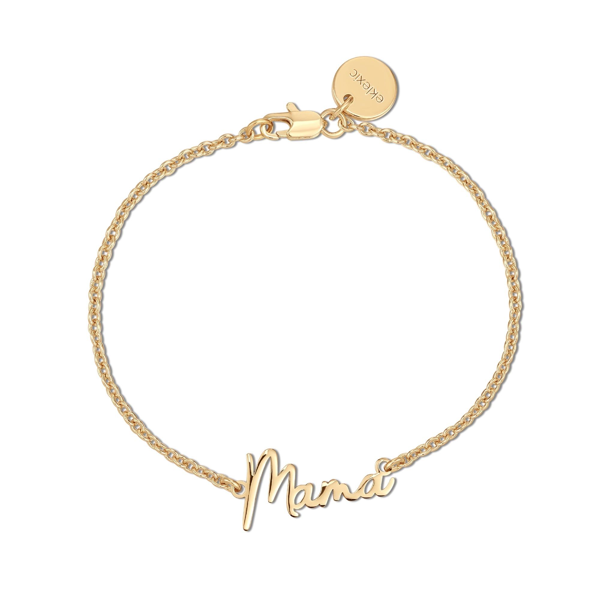 a gold bracelet with the word mama engraved on it