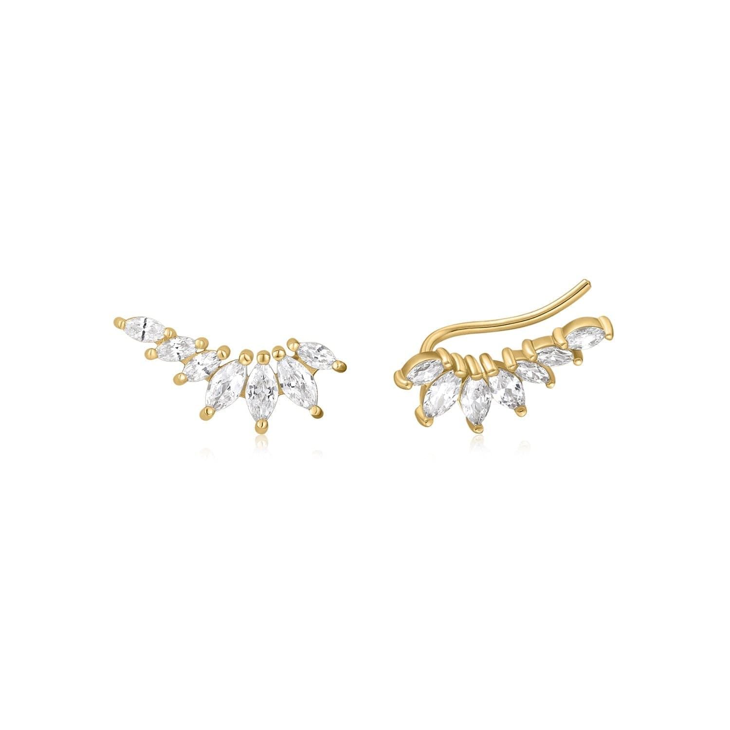a pair of gold earrings with crystal drops