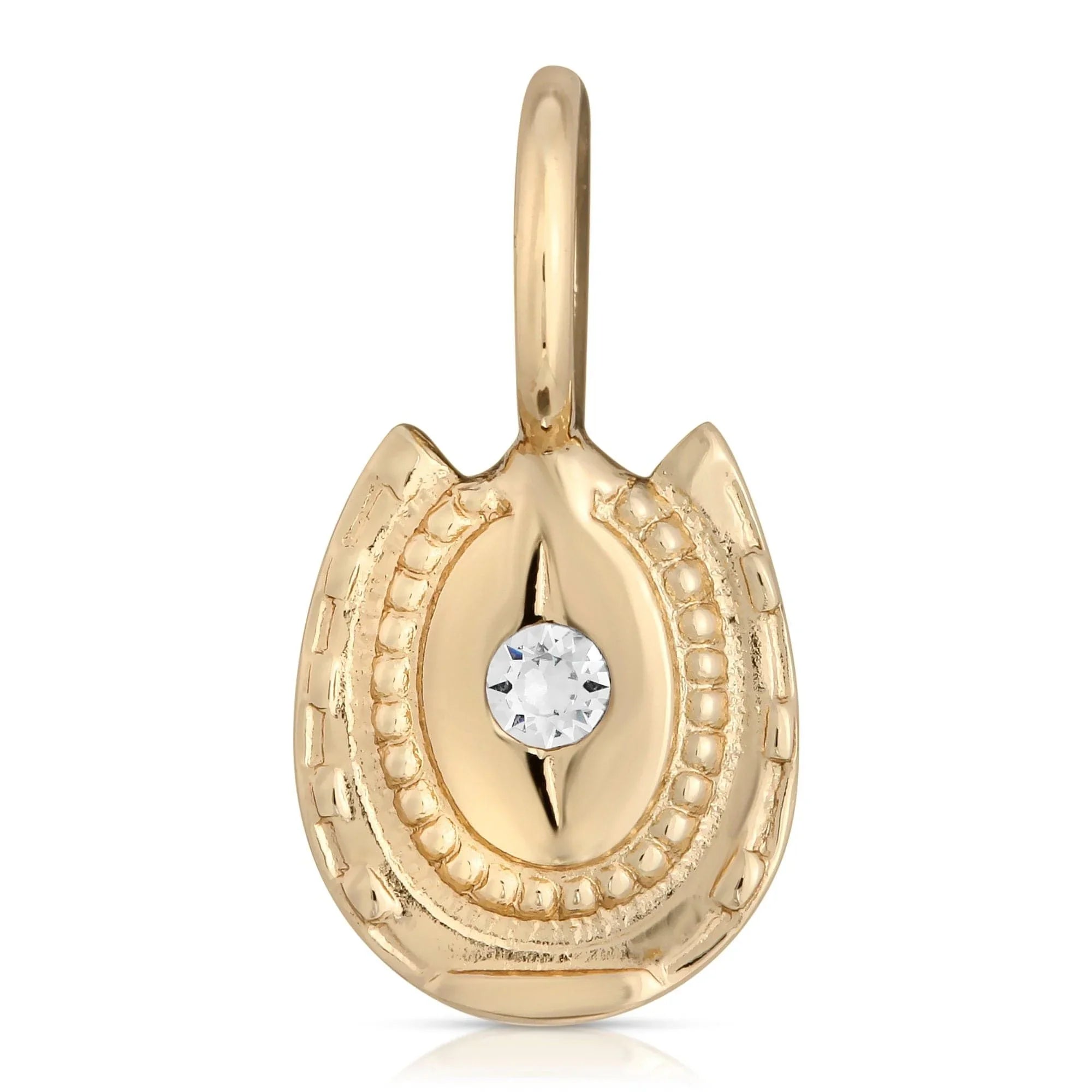 Harlow Charm gold horseshoe pendant with a shiny gemstone centerpiece