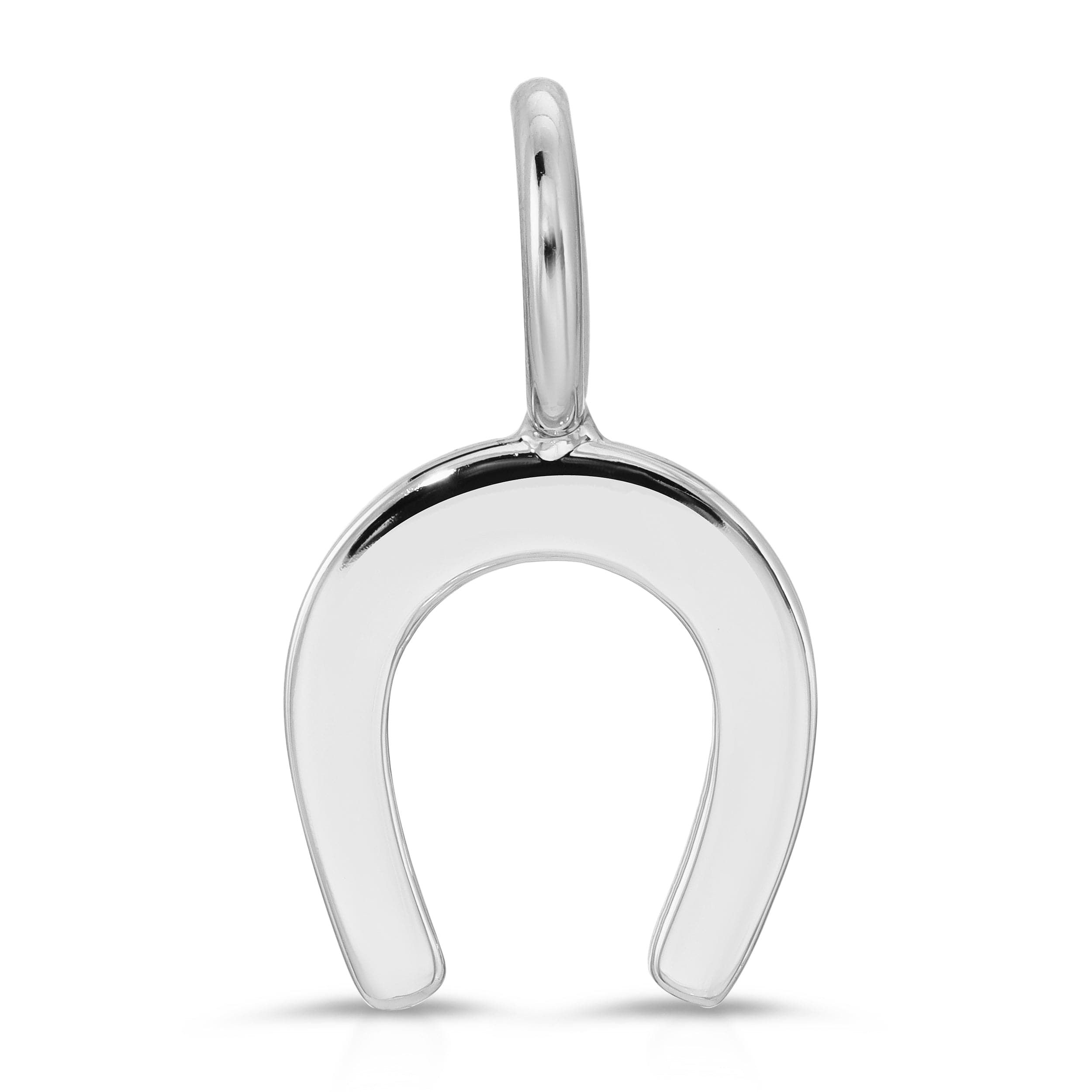 a silver pendant with a curved handle on a white background