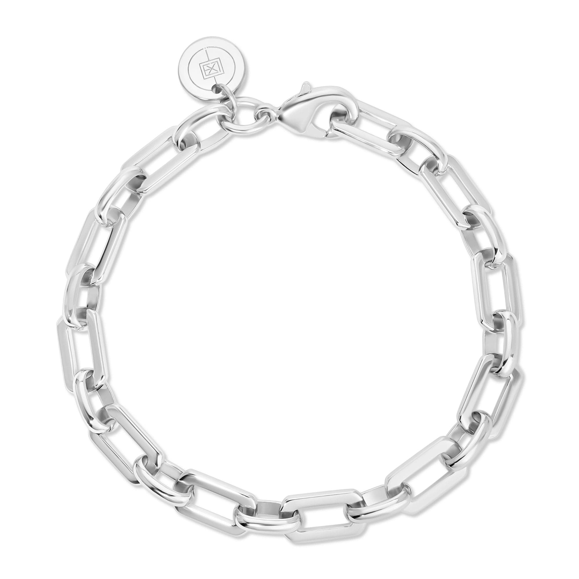 a silver chain bracelet on a white background
