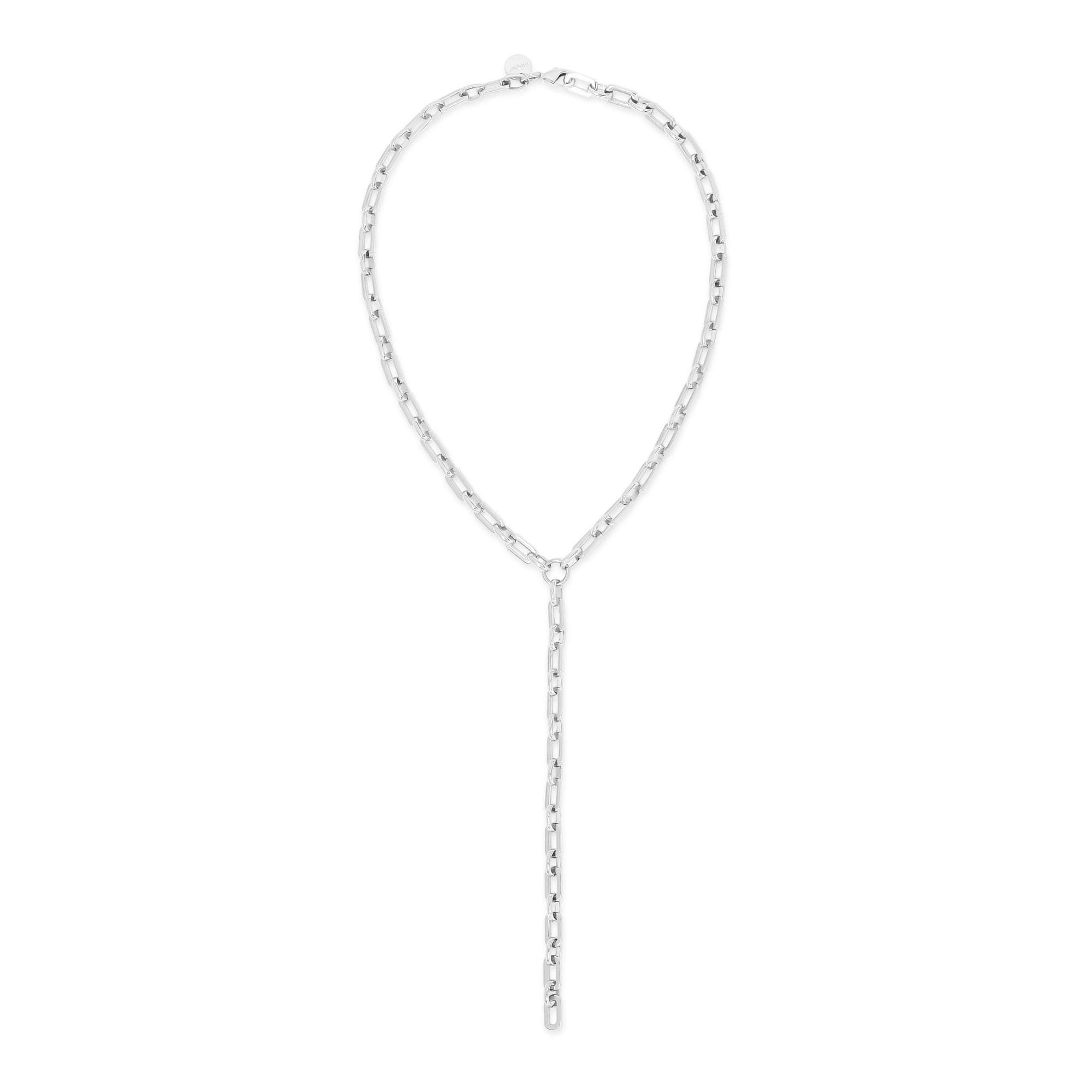 a white necklace with a long chain on a white background