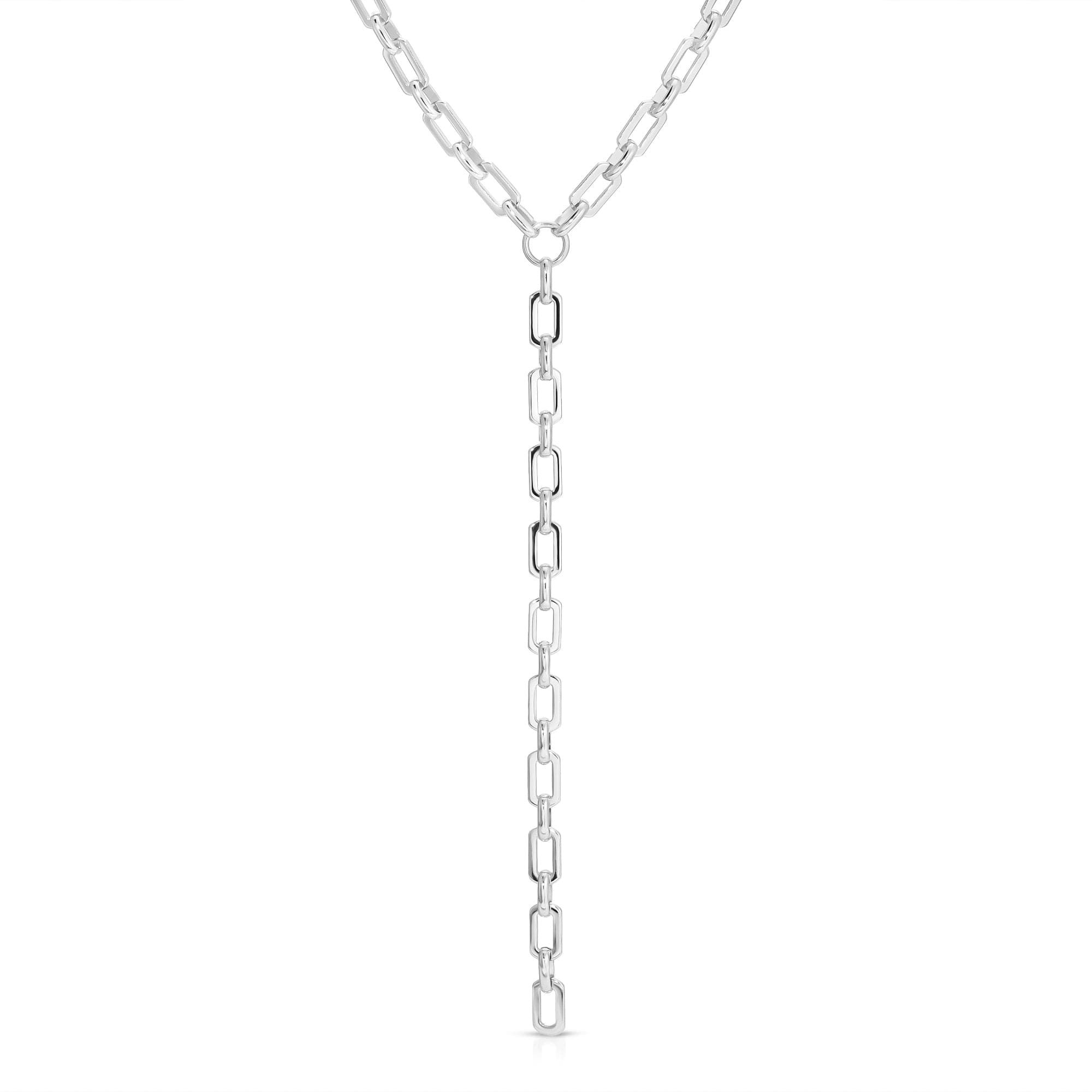 a silver necklace with a chain hanging from it
