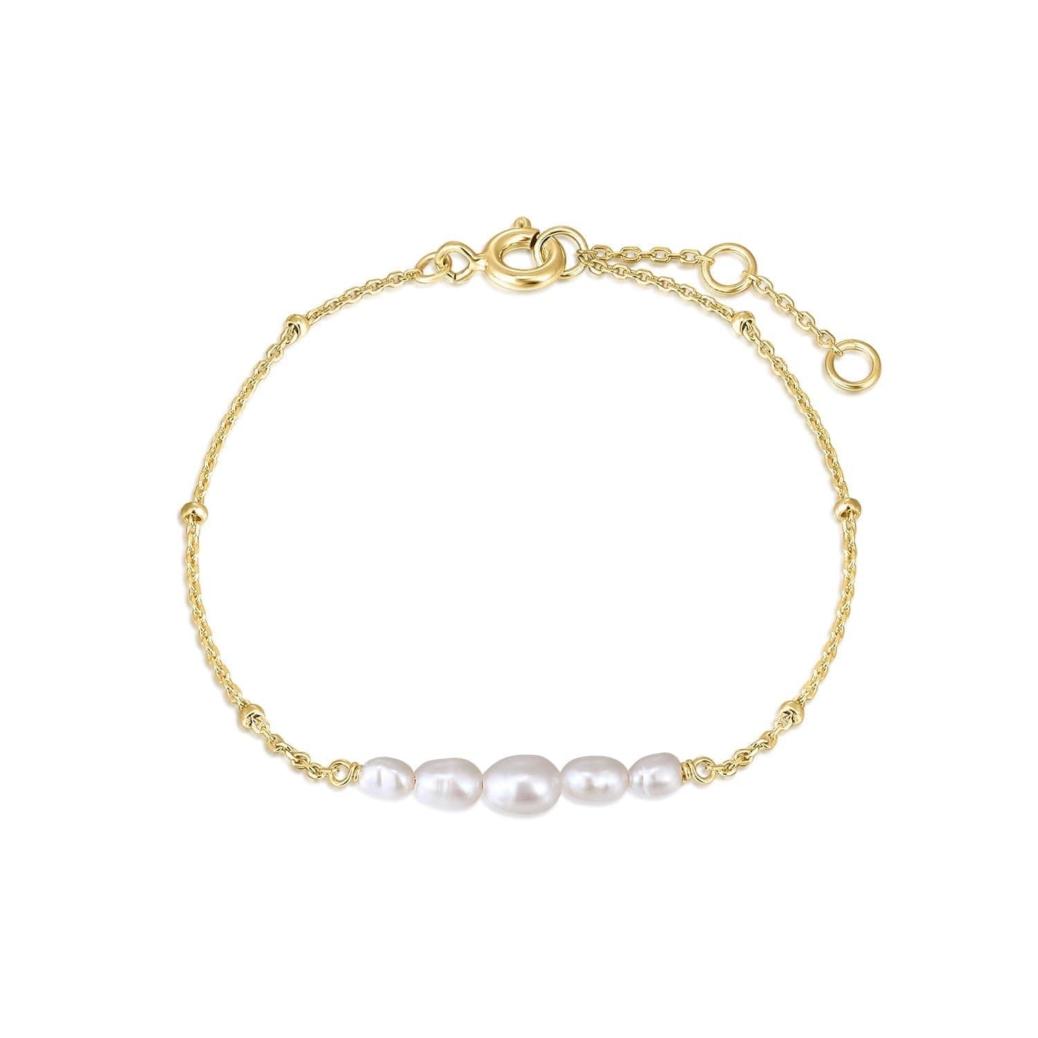 a gold bracelet with three pearls on a white background