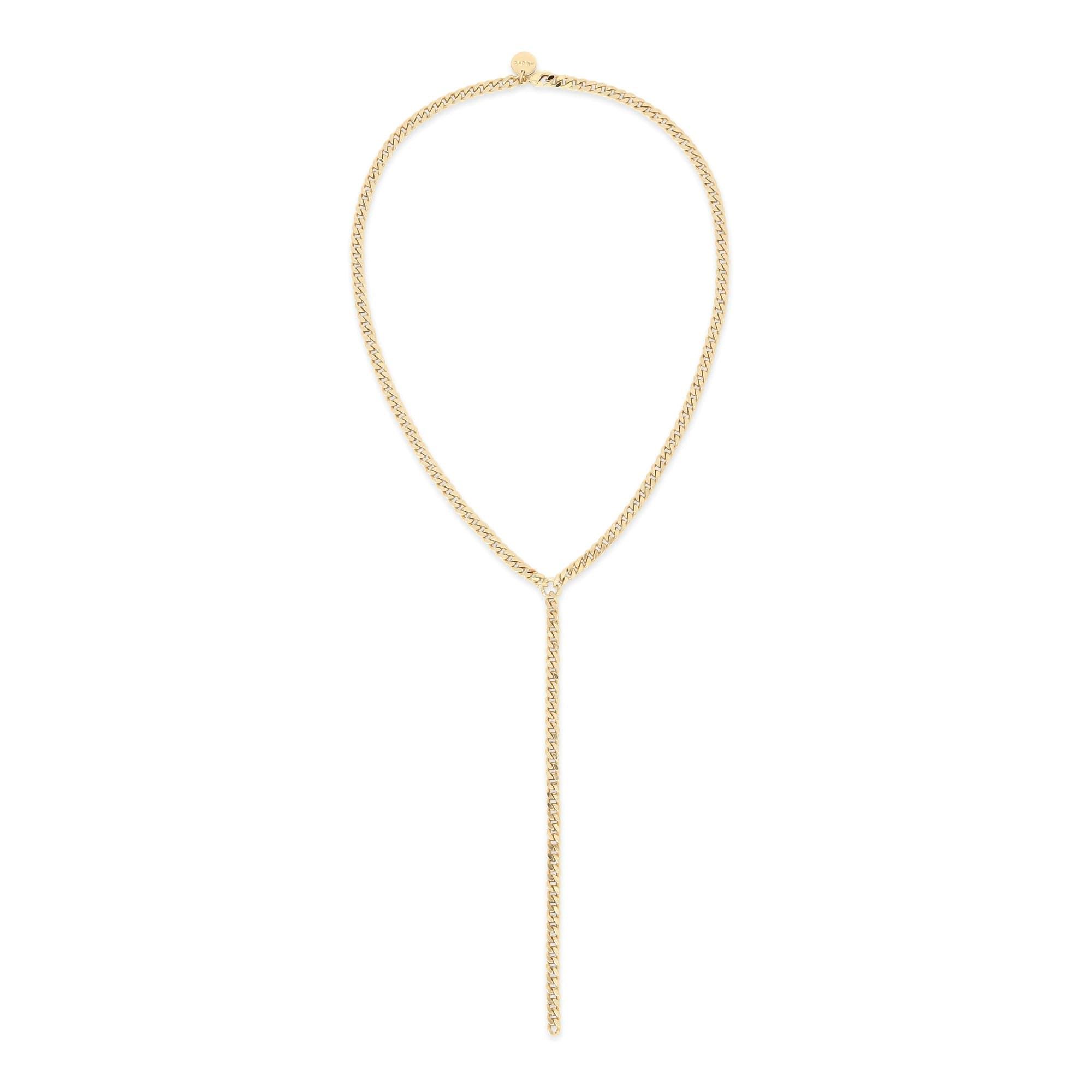 a gold necklace with a long chain